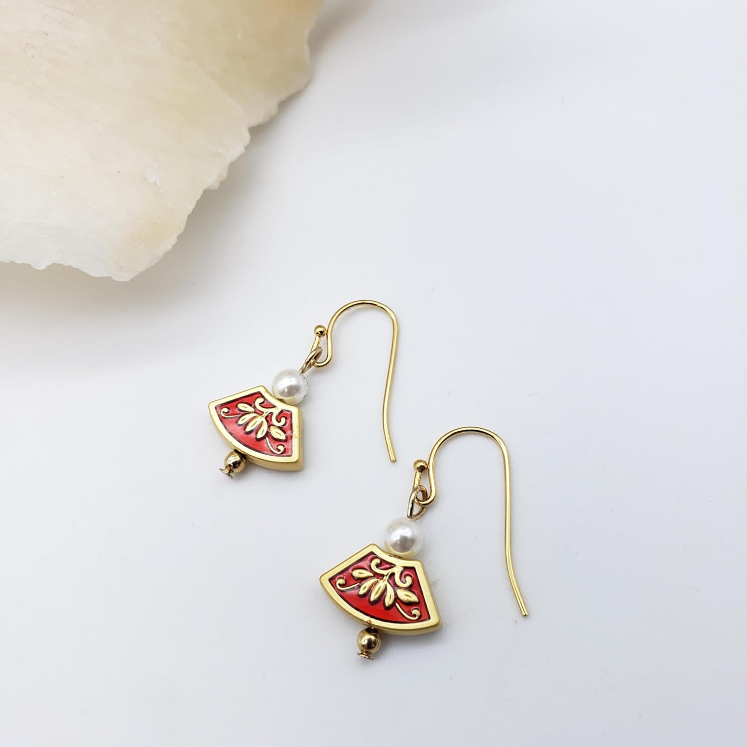 Asian Golden Lotus Earrings with Pearl - Gold Plated