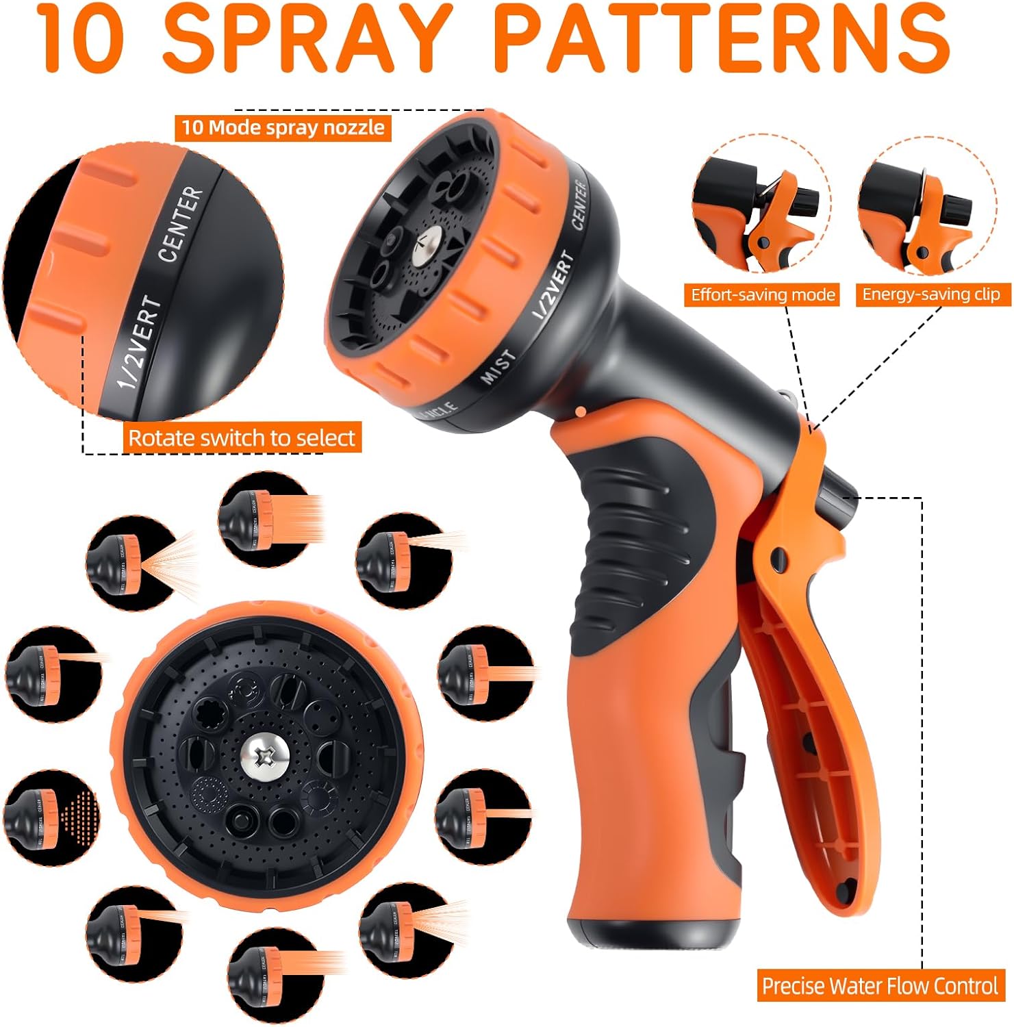 Expandable Garden Hose, With 10 Pattern Spray Nozzle, Garden Hose 50FT Expanded Length,TPV Material Flexible, Kink-Free, Brass Fittings Water Hose Expandable (Orange Gray,1/2” x 50ft)