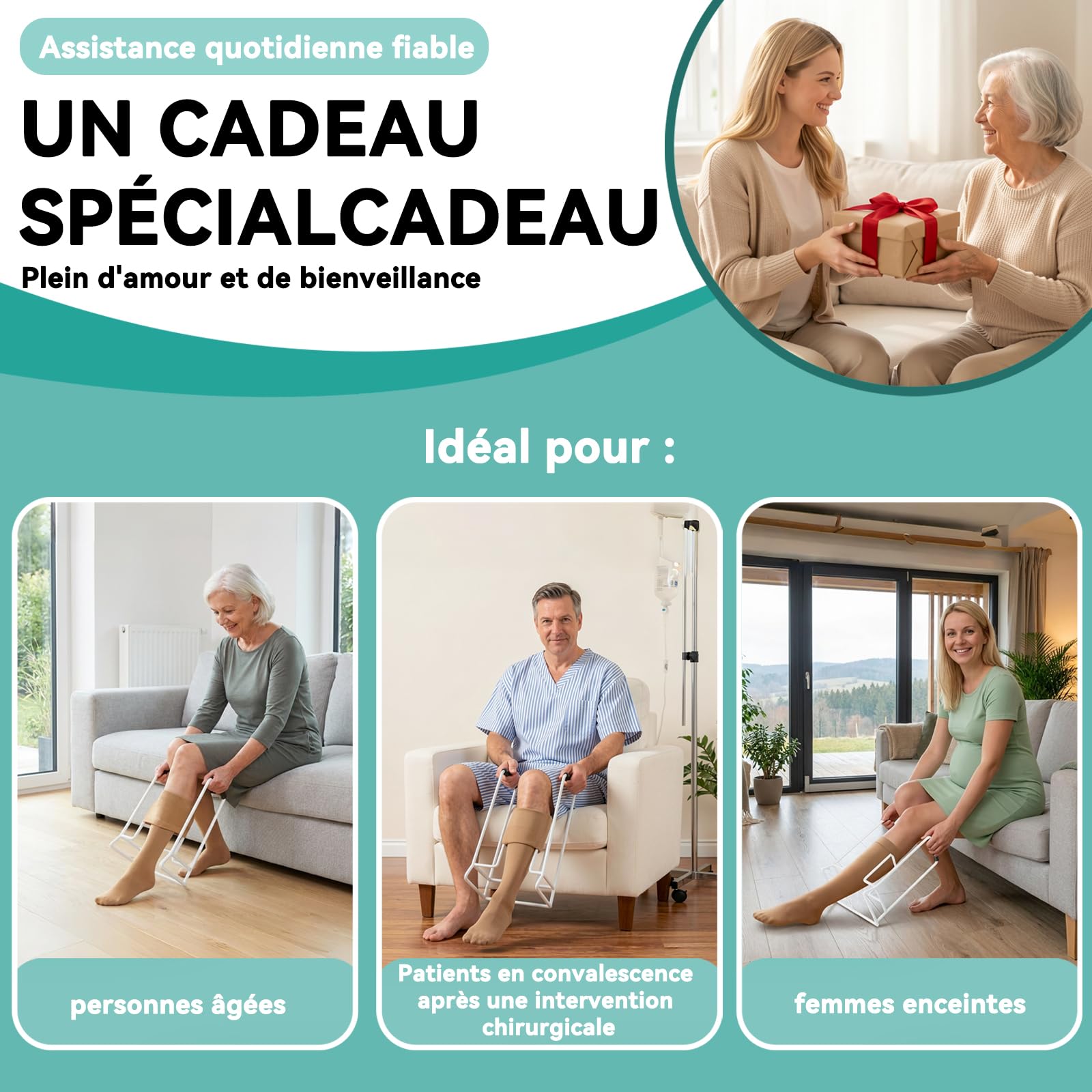 Infila Calze di contenimento Classic, Aiuti all'Infilatura per Anziani, Aiuti per vestire calze a compressione, per donne e uomini anziani (bianco puro)