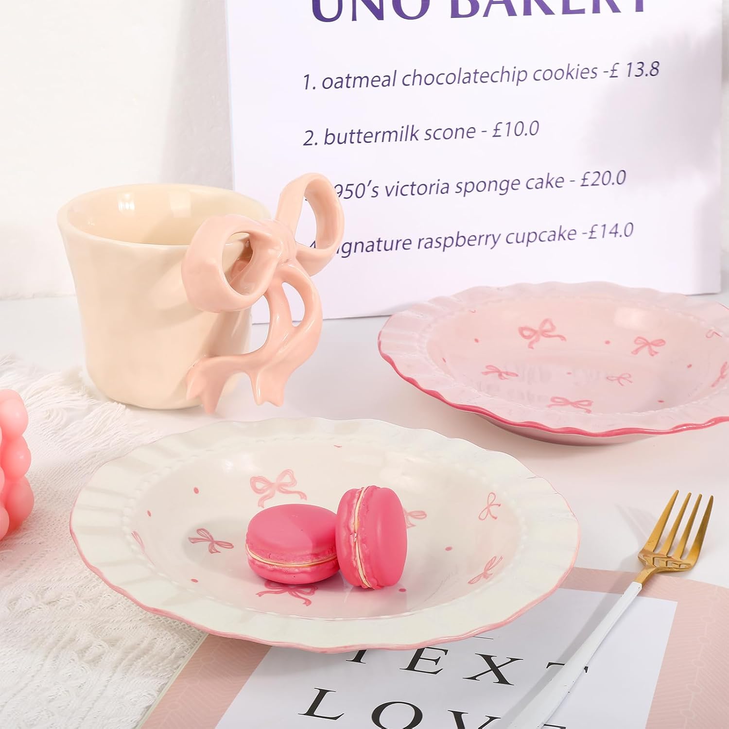 JarThenaAMCS 2 Pcs Pink Bow Ceramic Dish White Pink Bow Tie Dessert Plates Cute Coquette Salad Appetizer Plates for Holding Necklaces Earrings Bracelets Decorative Plate Home Restaurant Table Decor