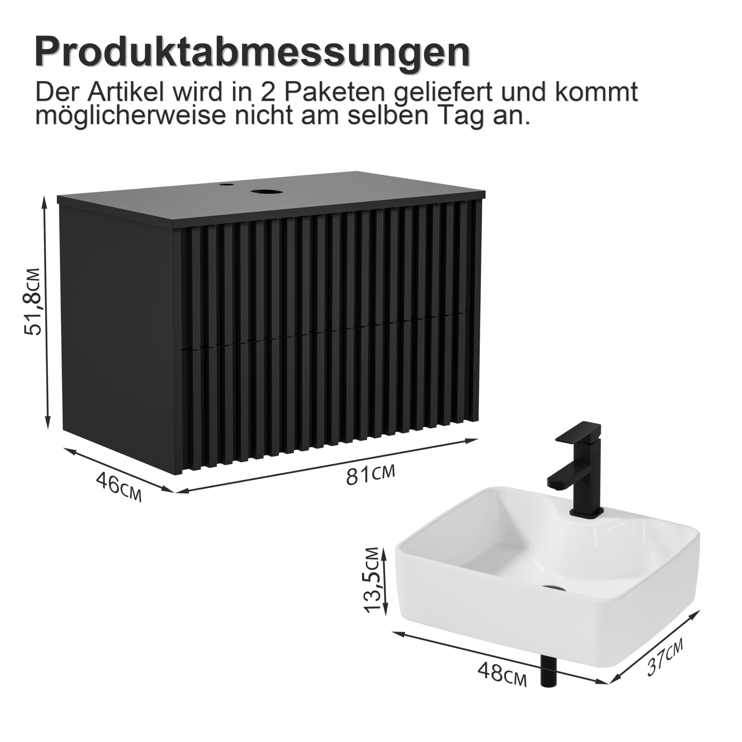 UEV Mueble de Baño 80CM con Lavabo de Cerámica, Mueble de Baño Suspendido Combina Elegancia y Funcionalidad, Lavabo con Mueble de Pared, Negro