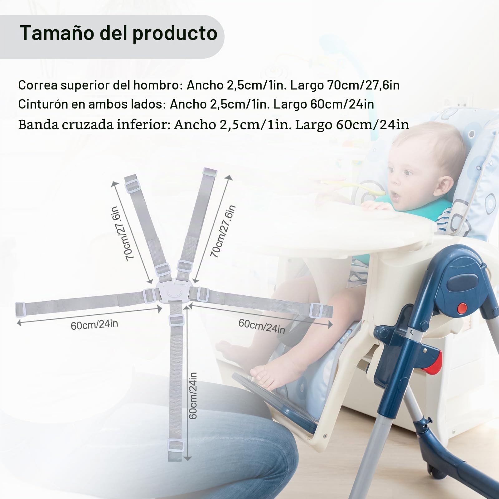 Cinturón de seguridad de 5 puntos, cinturones de seguridad de repuesto para cochecito de bebé, trona ajustable, cinturones de seguridad para silla de paseo y trona (blanco)