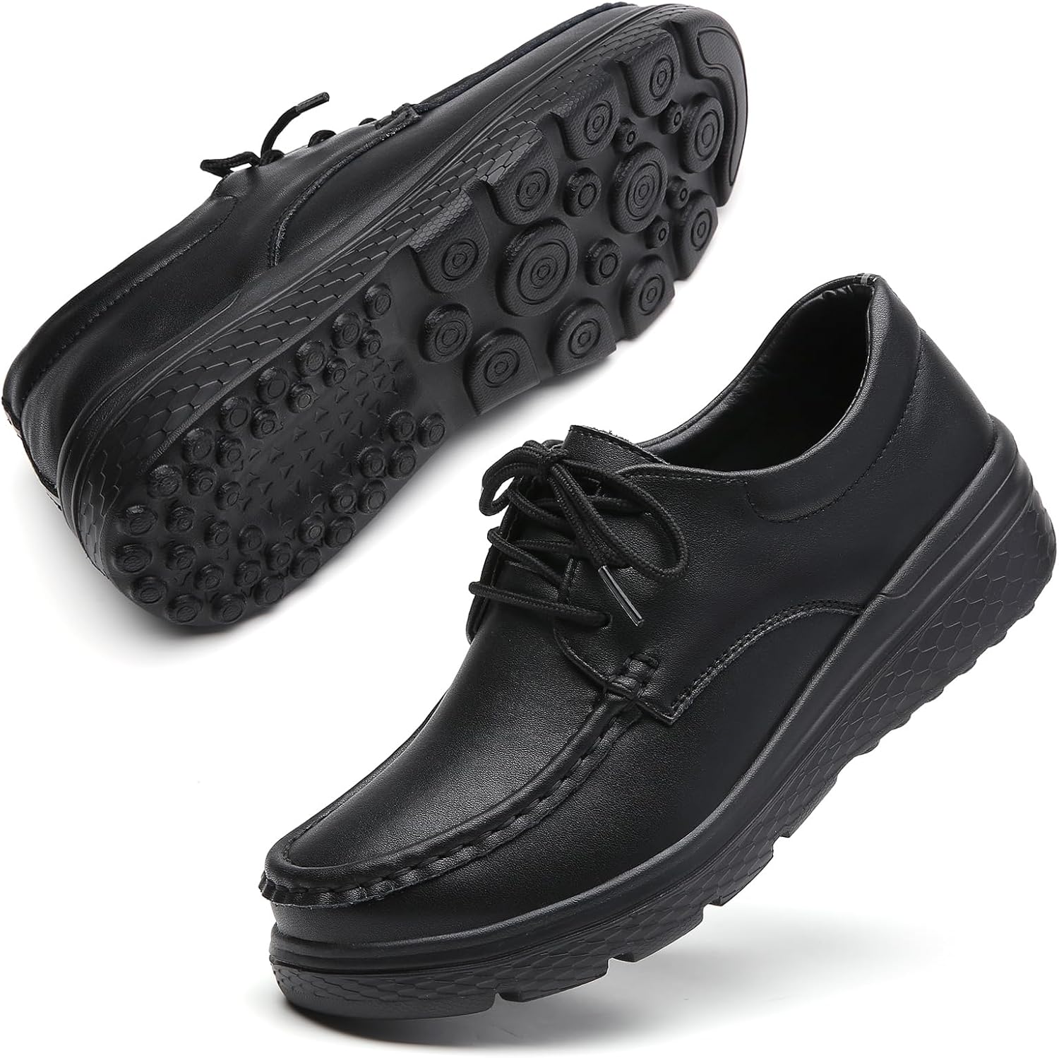 OVPMKC Women's Lightweight Nursing Shoes Slip Resistant Lace Up Work Restaurant Shoes Comfortable Leather Loafers Black 40