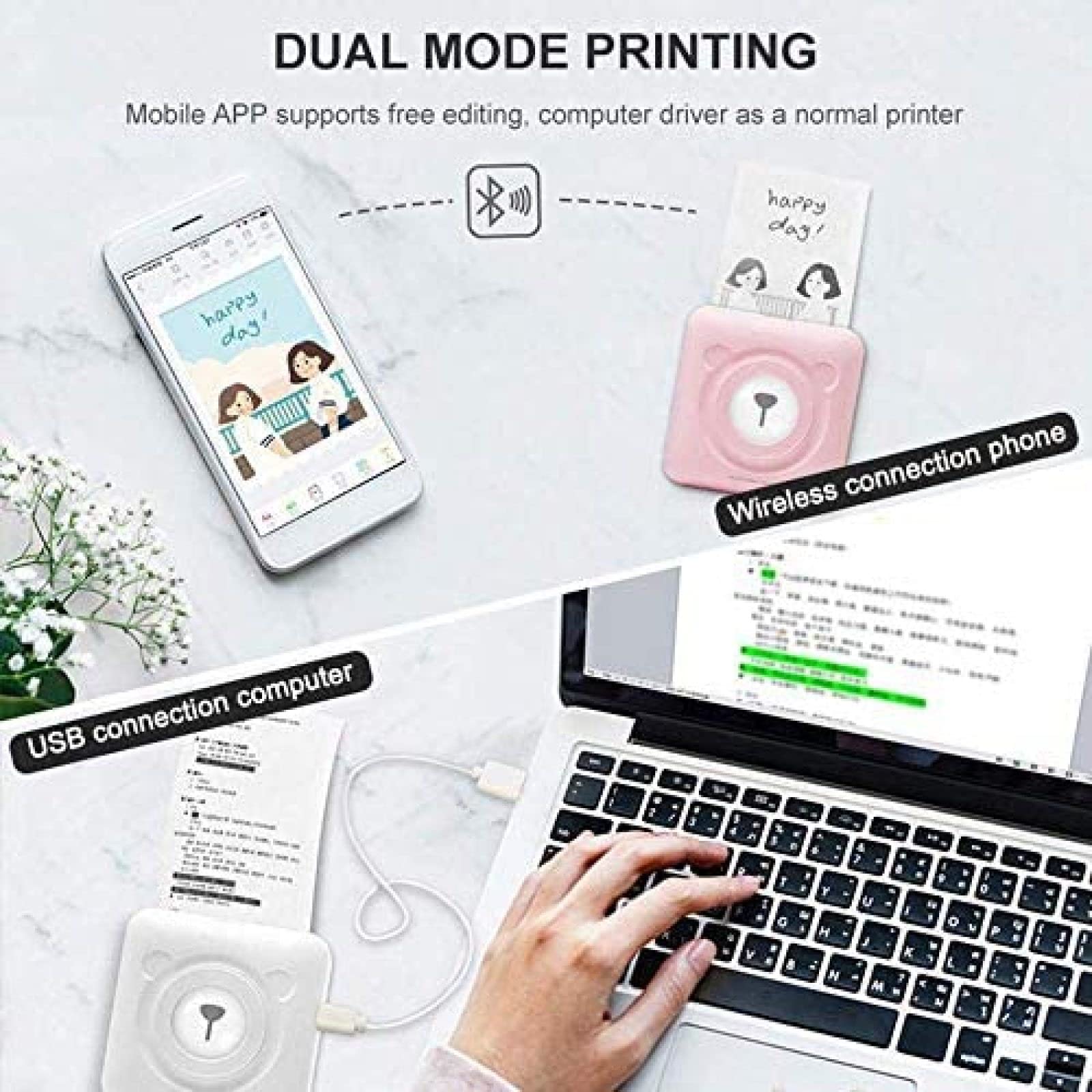 Mini drukarka termiczna, bezprzewodowa drukarka fotograficzna BT z możliwością ładowania przez USB, przenośna ręczna drukarka naklejek do pisania, kieszonkowa drukarka POS, niebieska