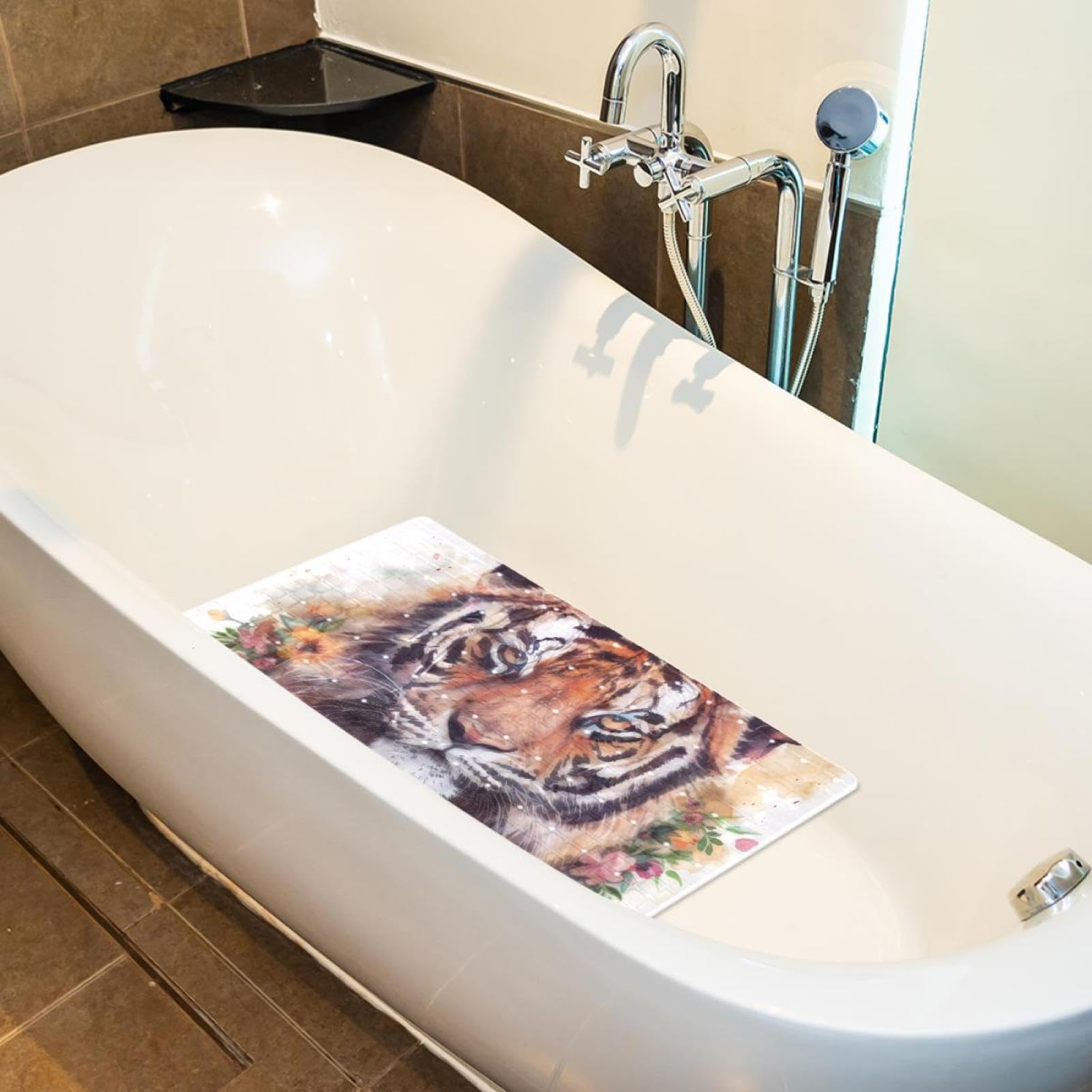 Rutschfeste Badematten für Badezimmer, Motiv: Tiger mit Blumenkranz, rechteckig, maschinenwaschbar, 40 x 70 cm