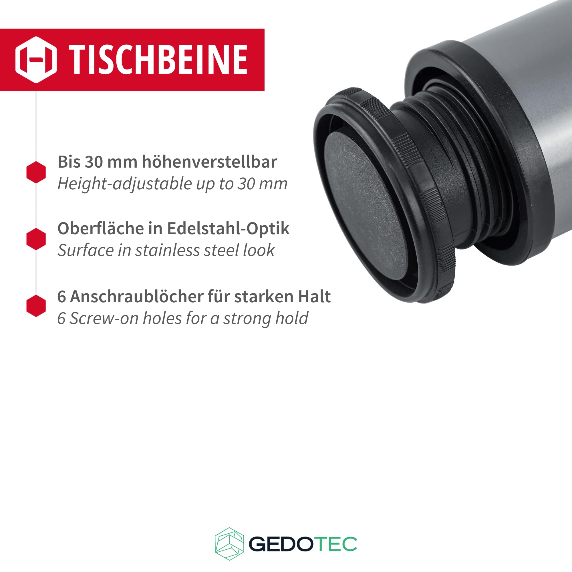 Gedotec Patas de Mesa de Metal Plateado Mate Eco D 60 mm [Extremadamente estables] 4 Patas de Mesa Plateadas I Patas de Mesa Ajustables Altura 710 mm + 30 mm Incluye Material de fijación I Patas de
