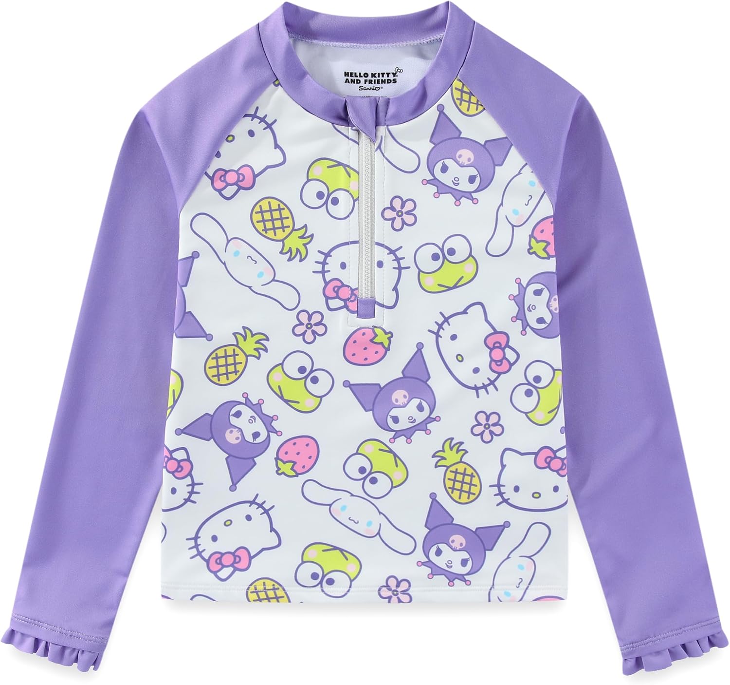 Hello Kitty Sanrio and Friends Girls UPF 50+ Long Sleeve Rash Guard and Bikini Bottom Two Piece Swimsuit Set for Little Kids