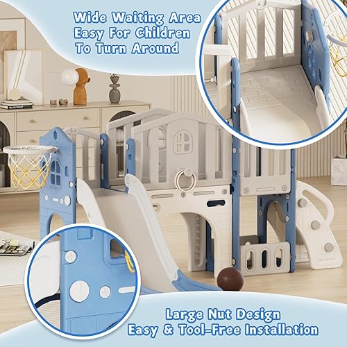 Miniatura 3 de XJD Juego de toboganes 9 en 1 para niños pequeños a partir de 1 año, juego de tobogán escalador con aro de baloncesto y pelota, parque infantil