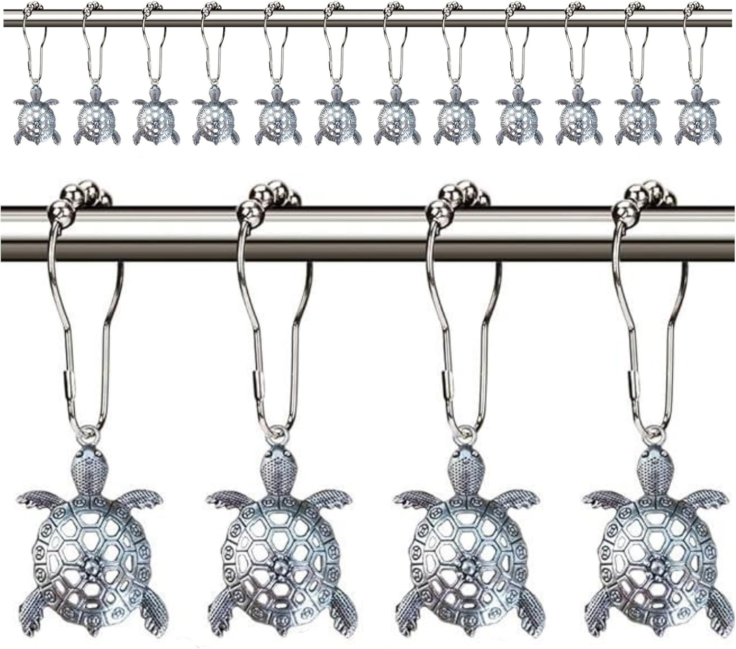 Sea Turtles Shower Curtain Hooks Rings for Bathroom, Silver Metal Shower Curtain
