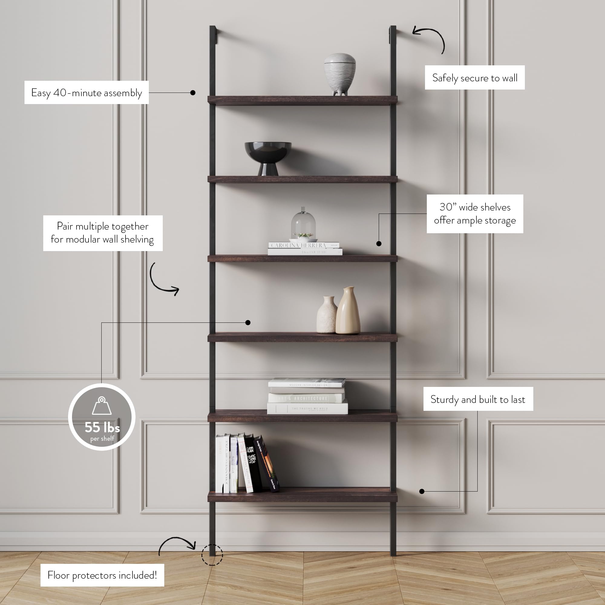 Afted rack 本棚 900x350x900mm Asucoora Giltner 71 in. Wide White/Oak Metal 5-Shelf Etagere