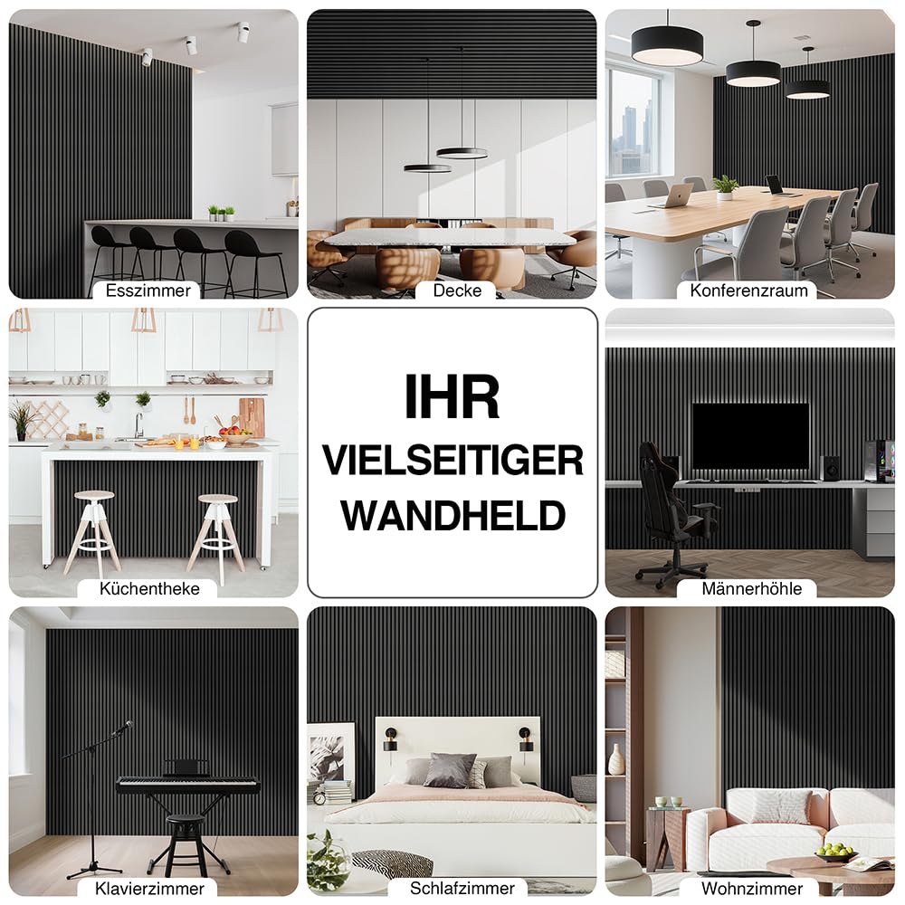 Faltbar Akustikpaneele Holz 240x60cm-3 Stück(4,32m²) Wandpaneele mit Holzfurnier & Filz|Holzpaneele Wand Acoustic Panel|Wandverkleidung innen für Home-Studio,Wohnzimmer & Büro Schwarz#22