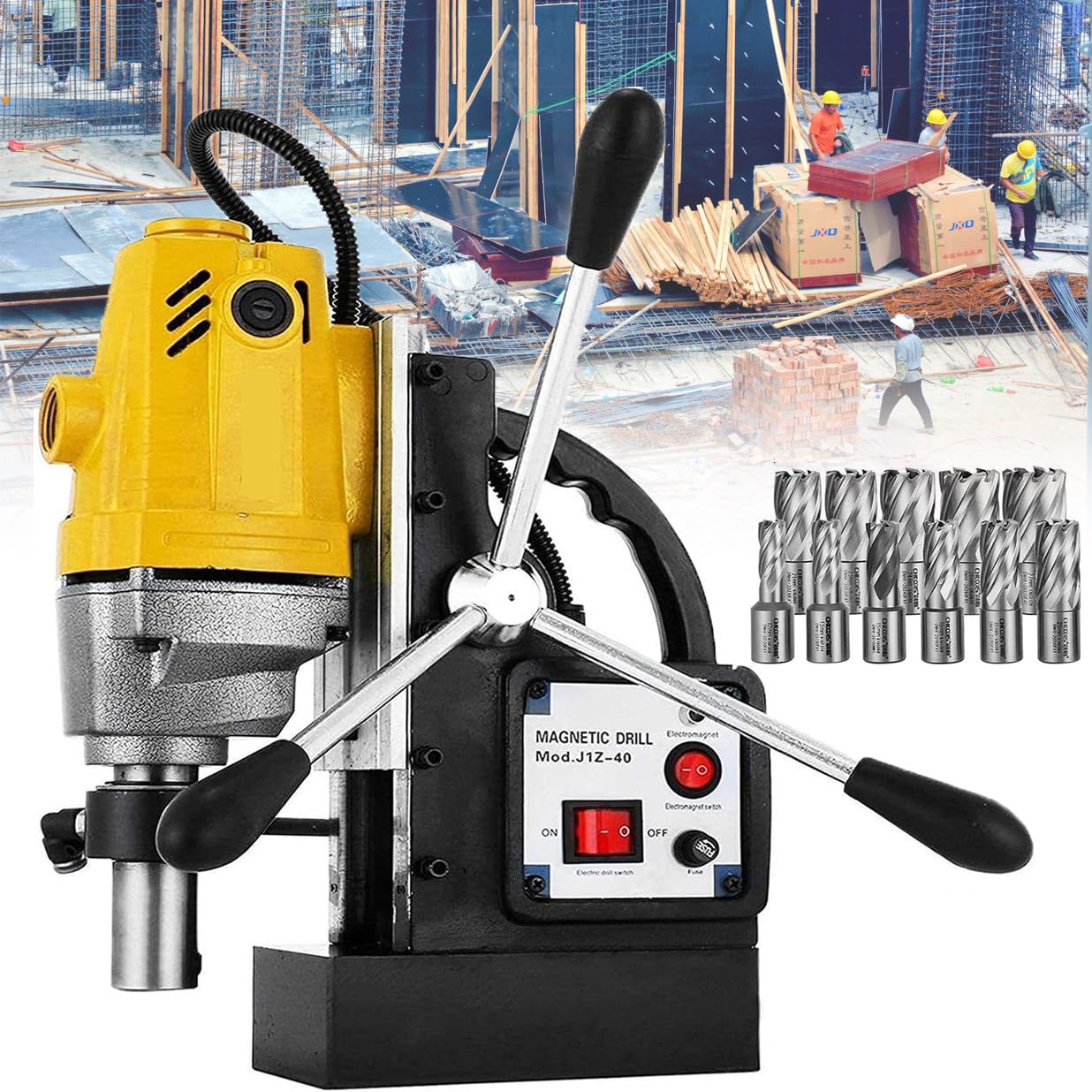 Taladro magnético eléctrico de 1100 W, diámetro de perforación de 1-1/2 pulgadas, taladro magnético de banco 11500N con 11 brocas para construcción naval de estructura de acero