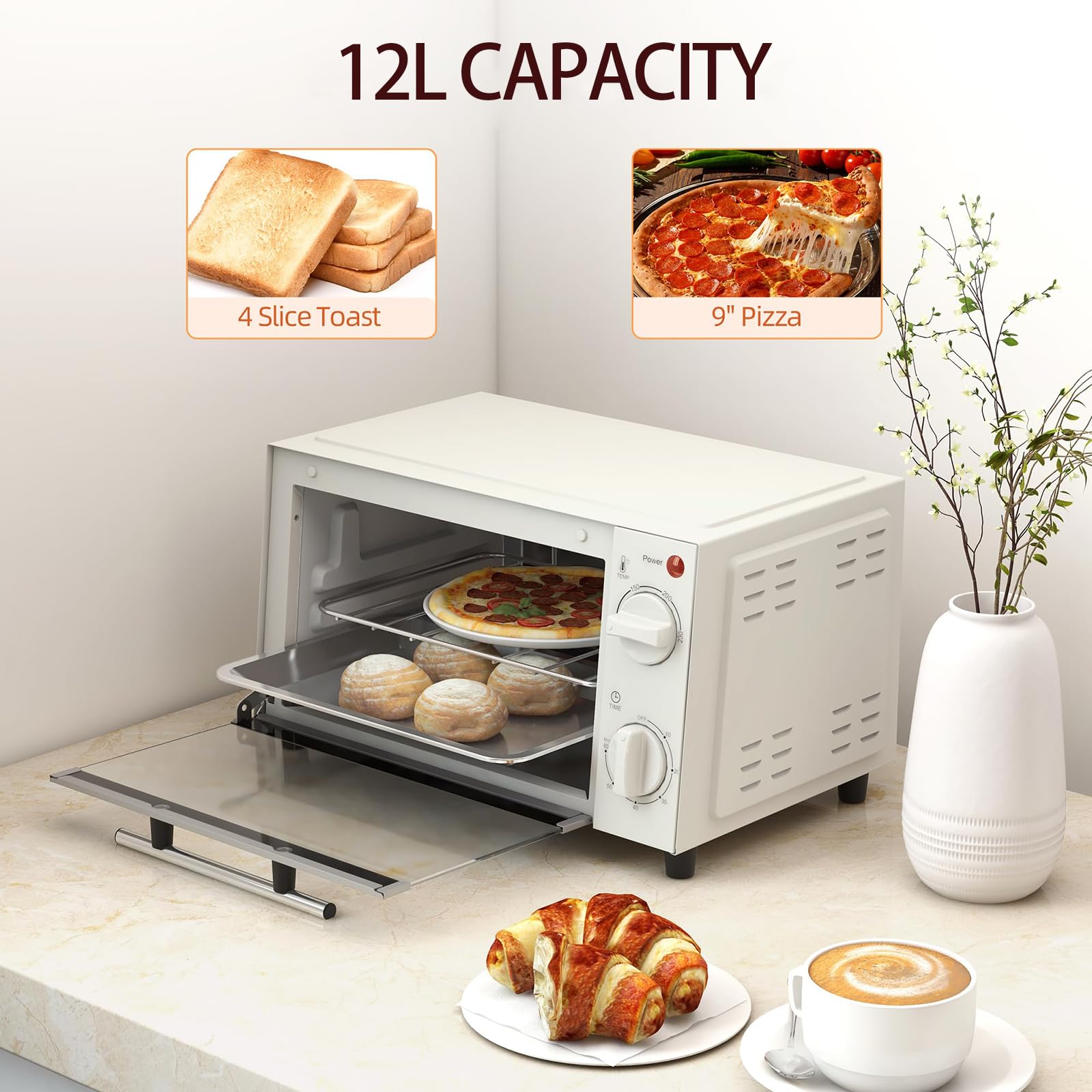 Mini piekarnik elektryczny z piekarnikiem, elektryczny garnek wielofunkcyjny, duża pojemność 12 l, regulacja temperatury 100-230 ℃, ogrzewanie górnej i dolnej rury, timer 60-minutowy