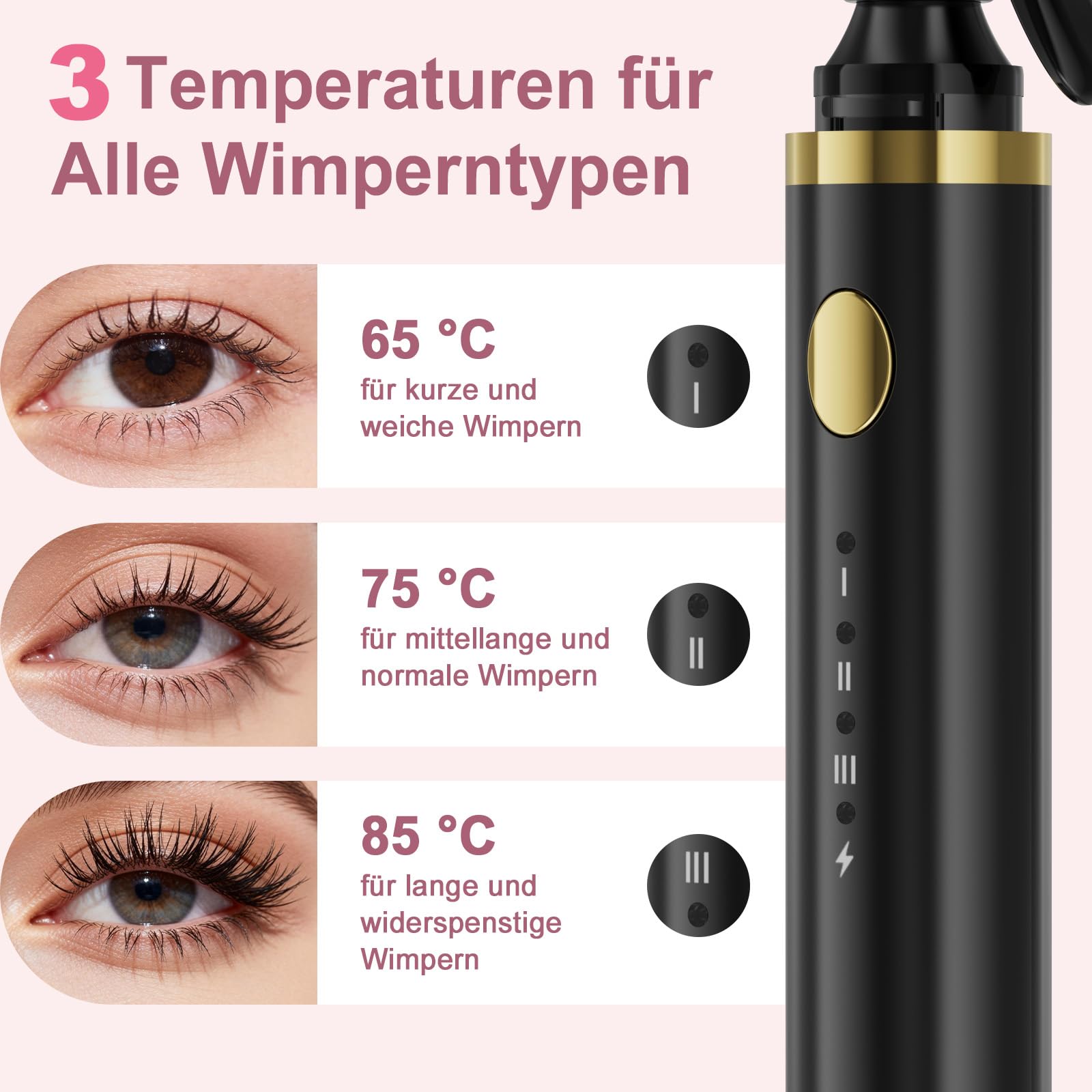 3 in 1 Beheizbar Wimpernzange Elektrisch, Wimpern Curler, VerbrüHungsschutz, 10S Schnelles Aufheizen, 3 Temperaturen, USB C Aufladbar Tragbar Heated Eyelash Curler für Alle Wimpern (Schwarz)