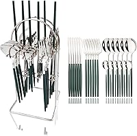 Vista 12 de JASHII Juego de cubiertos de 24 piezas con tenedores y cucharas con soporte, juego de cubiertos de metal de titanio negro y chapado en oro, acero