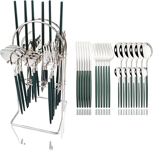 Miniatura 12 de JASHII Juego de cubiertos de 24 piezas con tenedores y cucharas con soporte, juego de cubiertos de metal de titanio negro y chapado en oro, acero