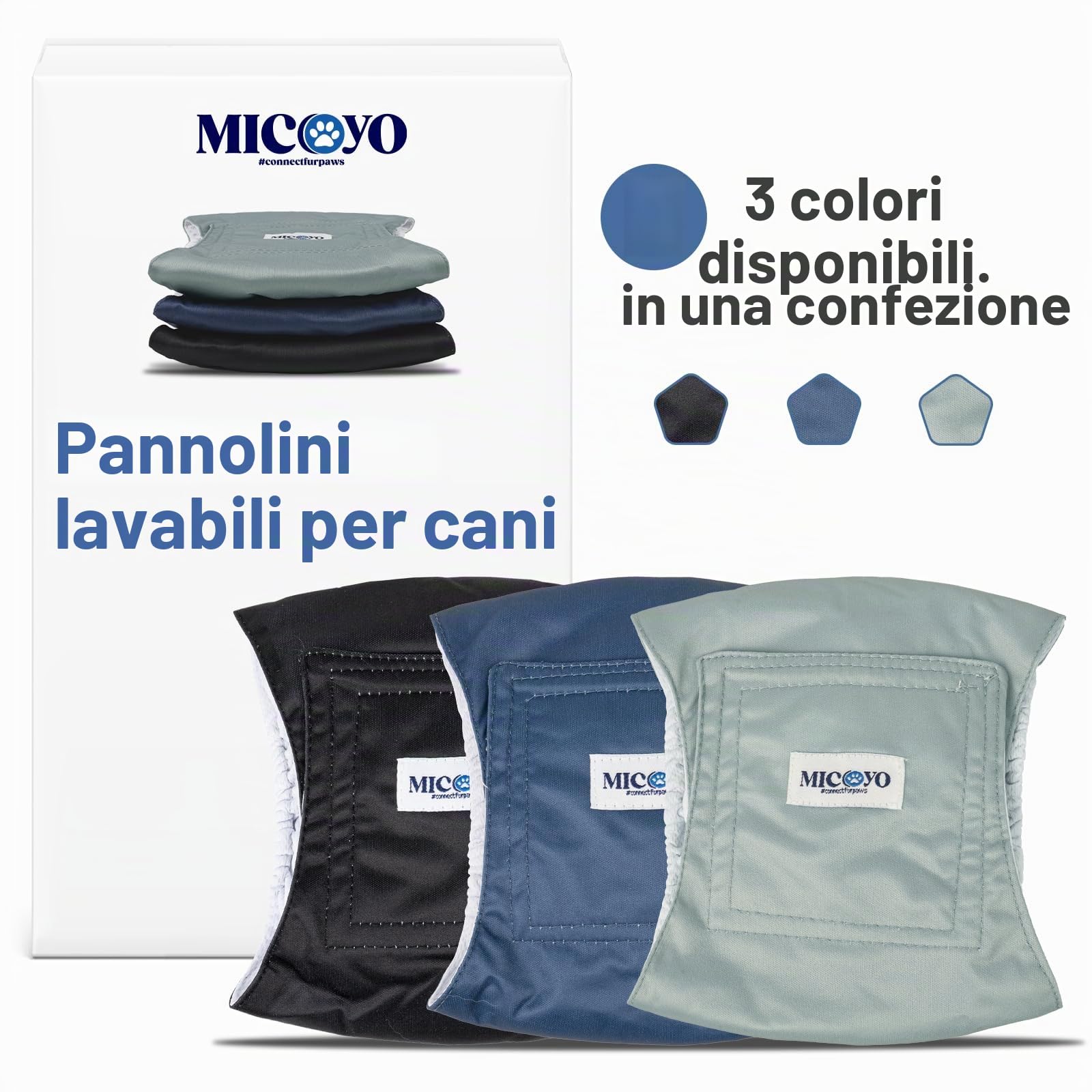 MICOOYO Pannolini lavabili per cani maschi, pannolini assorbenti per cani con chiusura a strappo regolabile, pannolini riutilizzabili per cani, confezione da 3, M