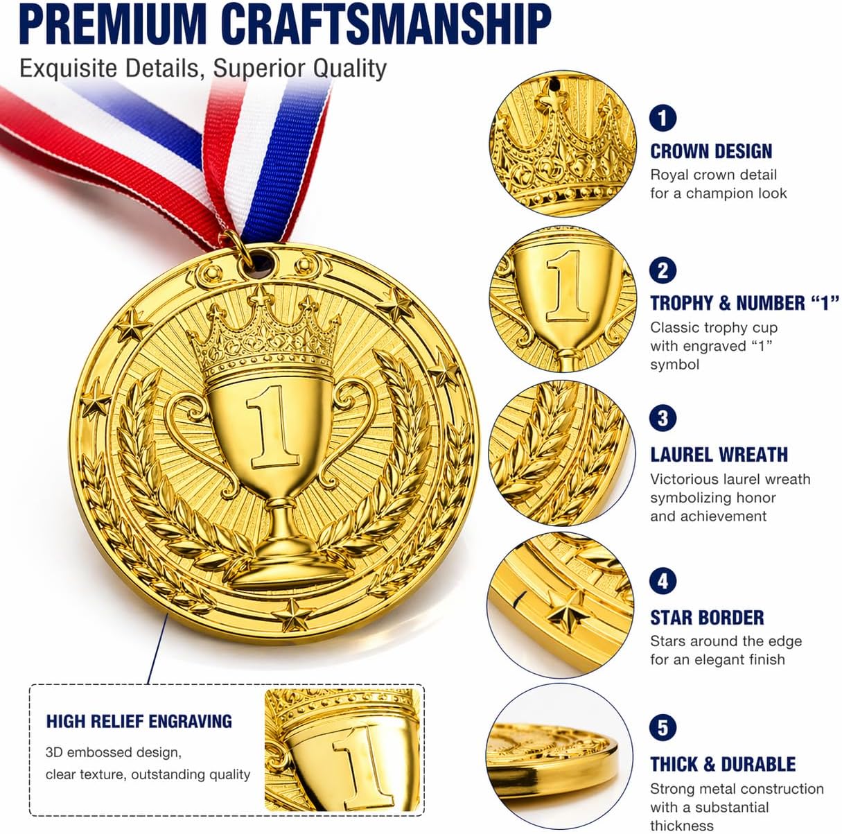 3 Inch Gold First Place Medal with Ribbon – Heavyweight 90g Award Medal for Winners, 1st Place Trophy Medal for Sports, School Competitions, Games, Classroom Rewards & Events