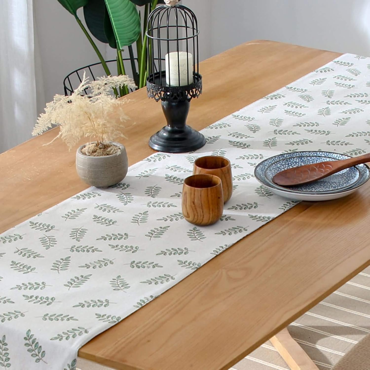 Table Runners Modern,33x220CM,Leaves with Tassel Rectangle Table Runner Cotton,Festive Table Runner Green