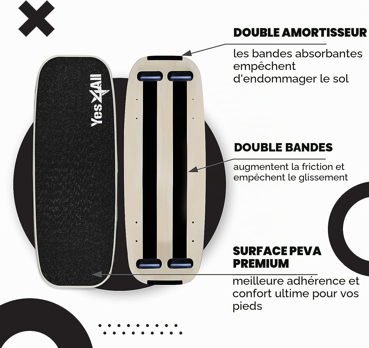 Yes4All Balance Board Trainer, surface lisse et rouleau recouvert de TPE épais ; planche d'entraînement en bois pour tous les niveaux d'entraînement, la stabilité et la force centrale.