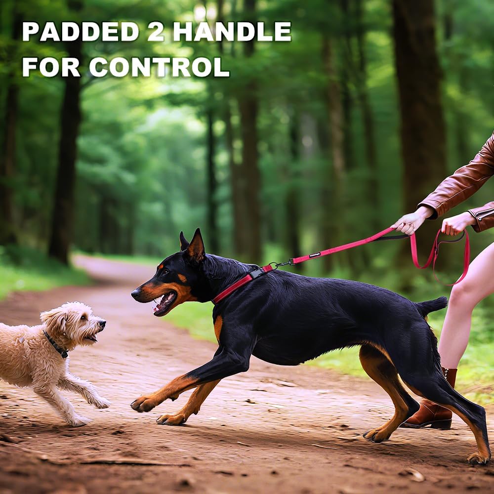 高耐久ダブルハンドル犬用リード 長さ6フィートでトータルコントロール、パッド入り2ハンドル、中型大型犬用反射トレーニングリード(レッ