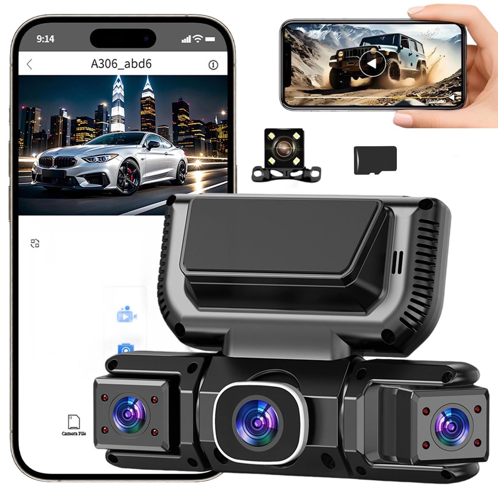 4-Kanal-Dashcam mit WLAN und Nachtsicht,360° All-Around Protection,4-Channel 360° Dash Cam,4 Kanal Dashcam Auto Vorne Hinten Innen Seiten mit Nachtsicht,G-Sensor (64G,Zigarettenanzünder)