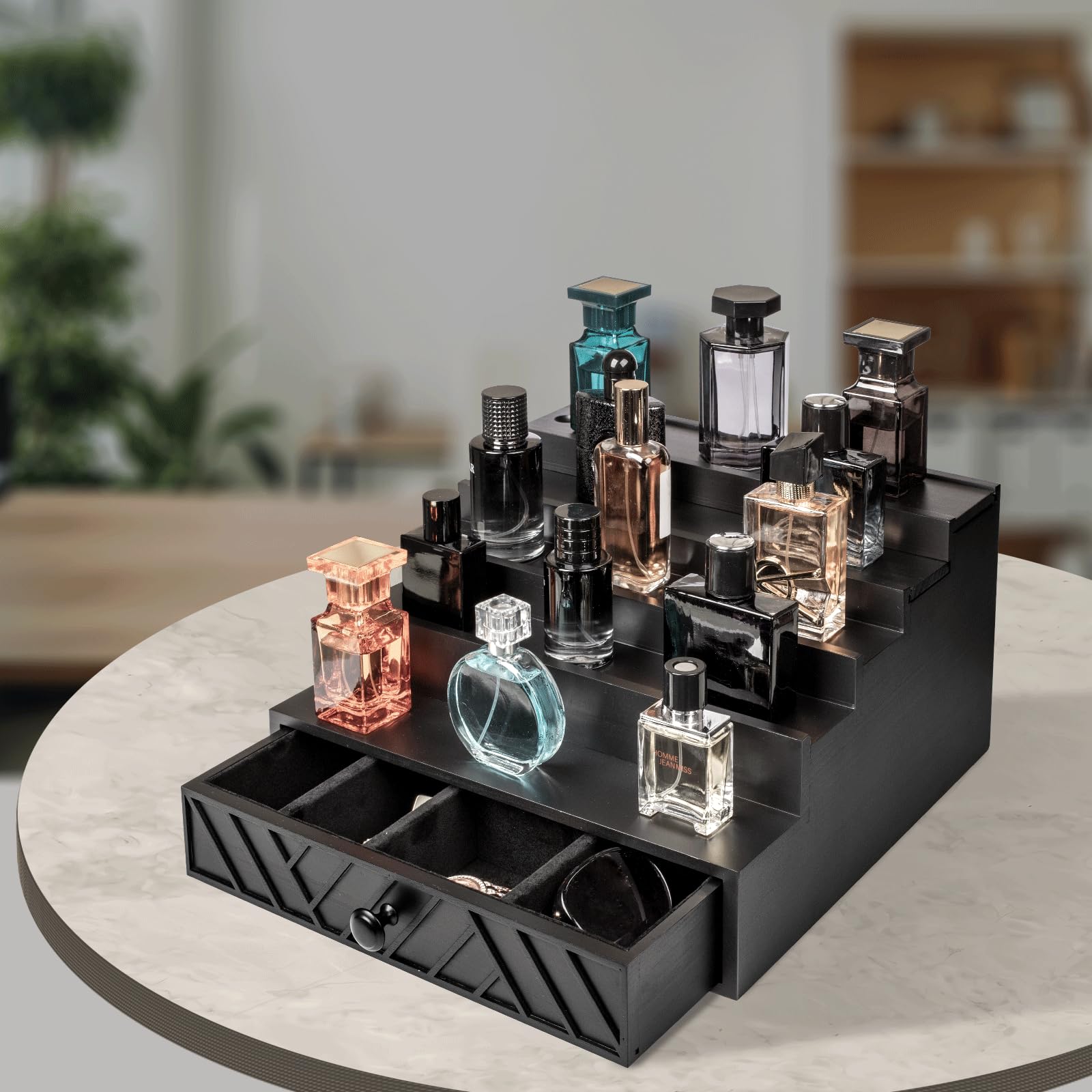 Organizador de Colonia de Madera 5 Niveles con Cajón Oculto | Estante Decorativo para Dormitorio y Baño, Expositor de Perfumes con Diseño Geométrico Moderno