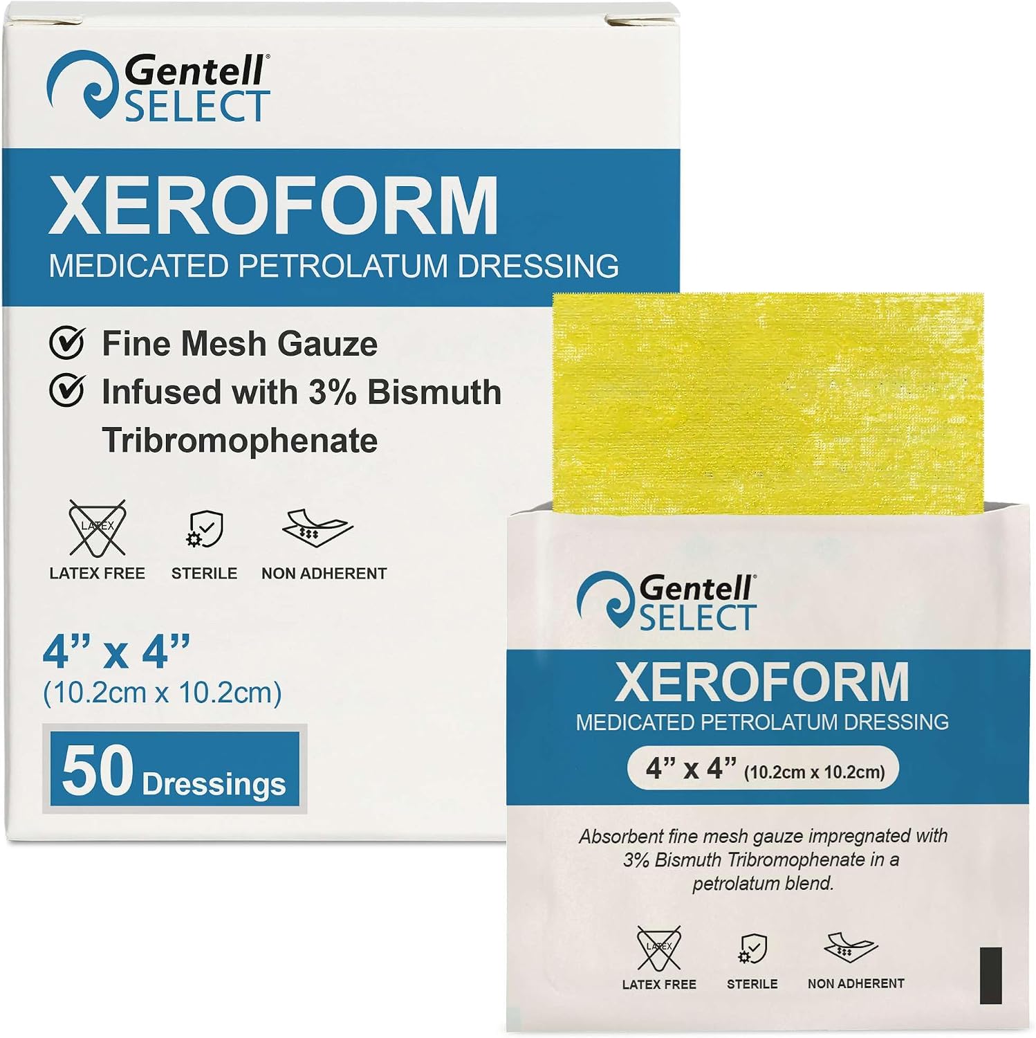 Medicated Xeroform Petrolatum Dressing 4x4 50 Pack, Fine Mesh Gauze Wound Dressing Infused with 3% Bismuth Tribromophenate in Petroleum Blend, Non Adherent Bandage for Wounds, Latex Free