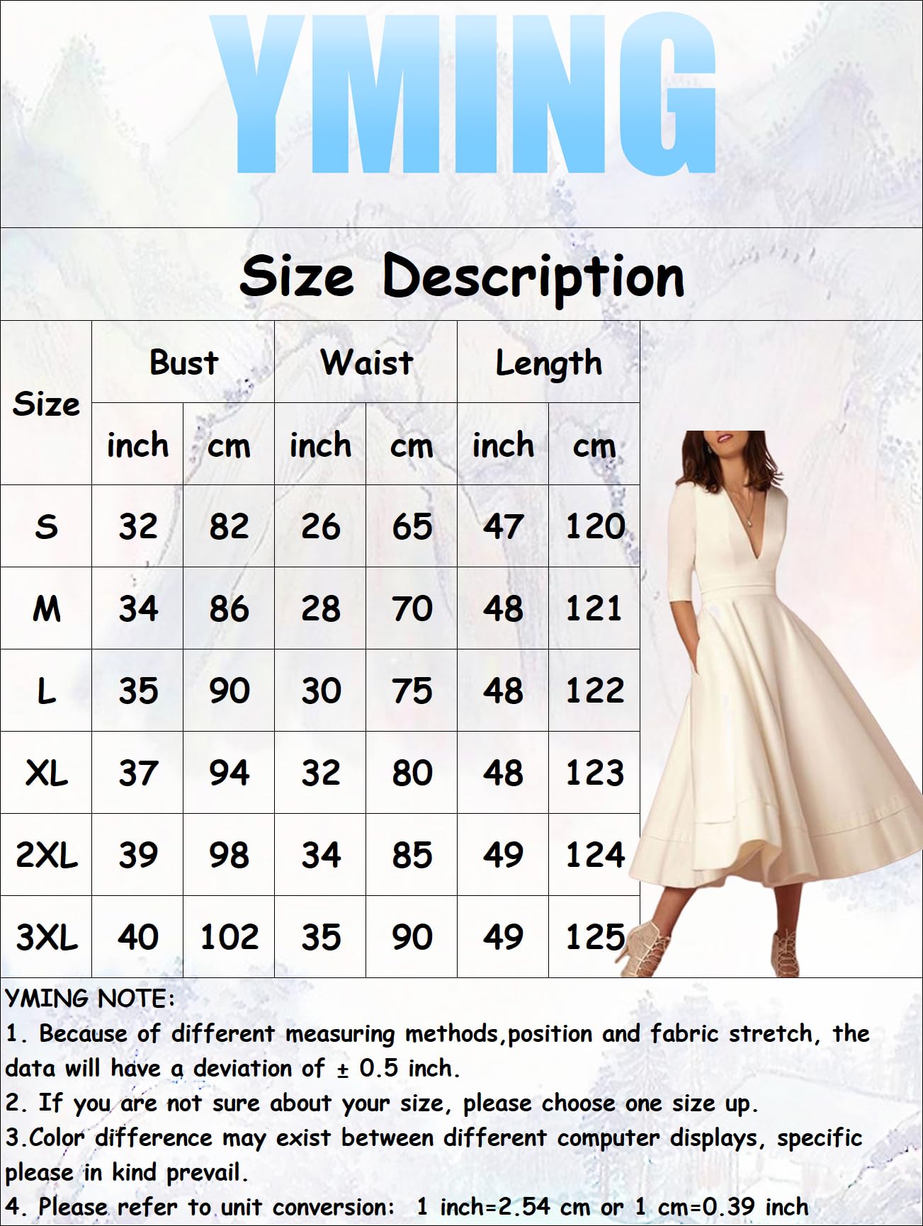 YMING Women 's Retro Deep V Neck Dress Elegant Swing Dress 3/4 Sleeve Light Dress Retro High Cintura Party Midi Pocket Dress