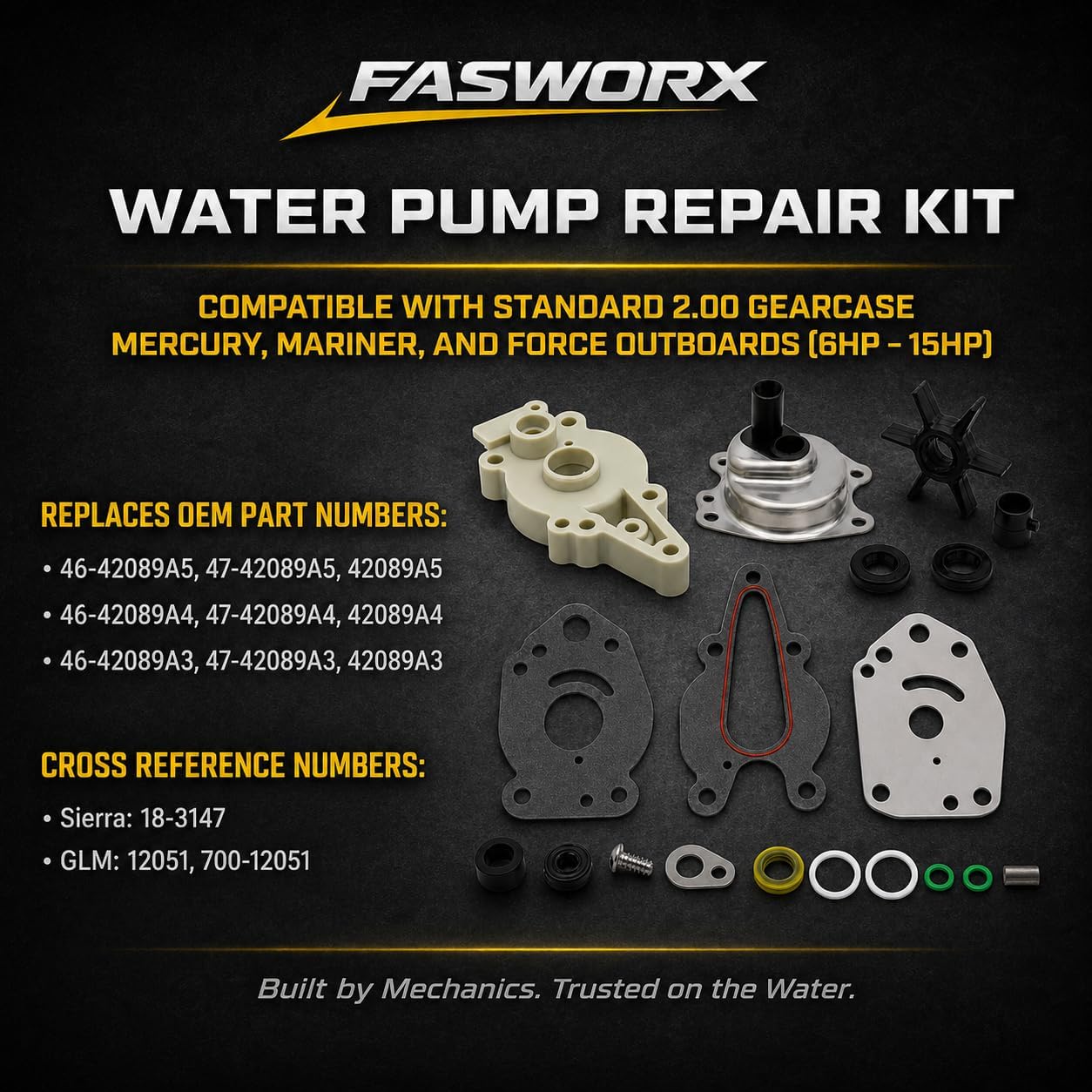 Water Pump Impeller Repair Kit Replaces Mercury Mariner Force 6HP 8HP 9.9HP 10HP 15HP Outboard 46-42089A5 42089A5 2-Stroke 4-Stroke Standard Gearcase Complete Rebuild Set