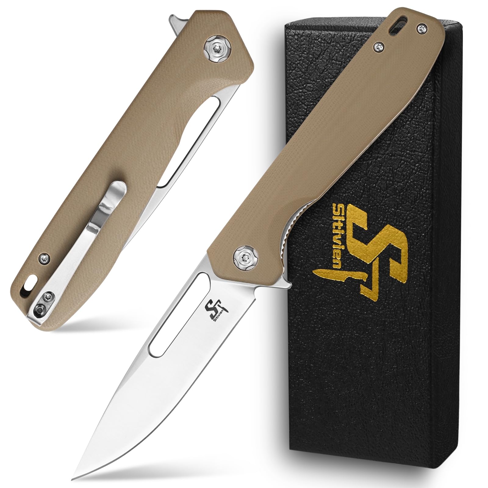 Sitivien ST801 Folding Knife,8Cr18Mov Steel Blade with G10 Handle Pocket Knife EDC Tool Knife for Outdoor Survival, Camping, Hiking,Hunting(Desert) …