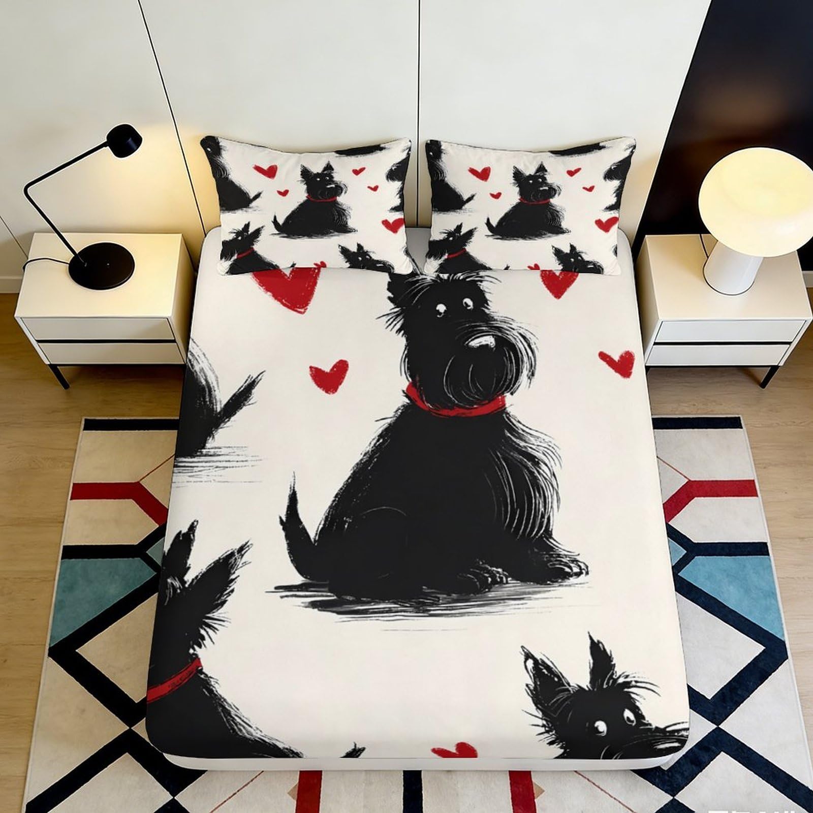 3D Printed Dog Heart Pattern Fitted Sheet Microfiber Deep Pocket Elastic Hem Bedroom Dog Hearts Mattress Fitted Cover Washable 90x200x25cm