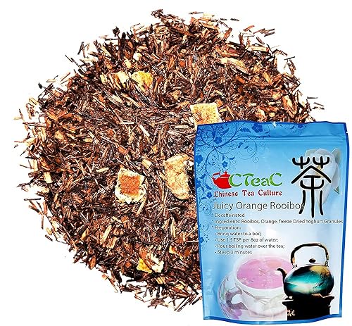 Jugoso Rooibos naranja, descafeinado, sabor es similar a un caramelo duro que tiene notas dulces finas, naranja una composición aromática fresca, té