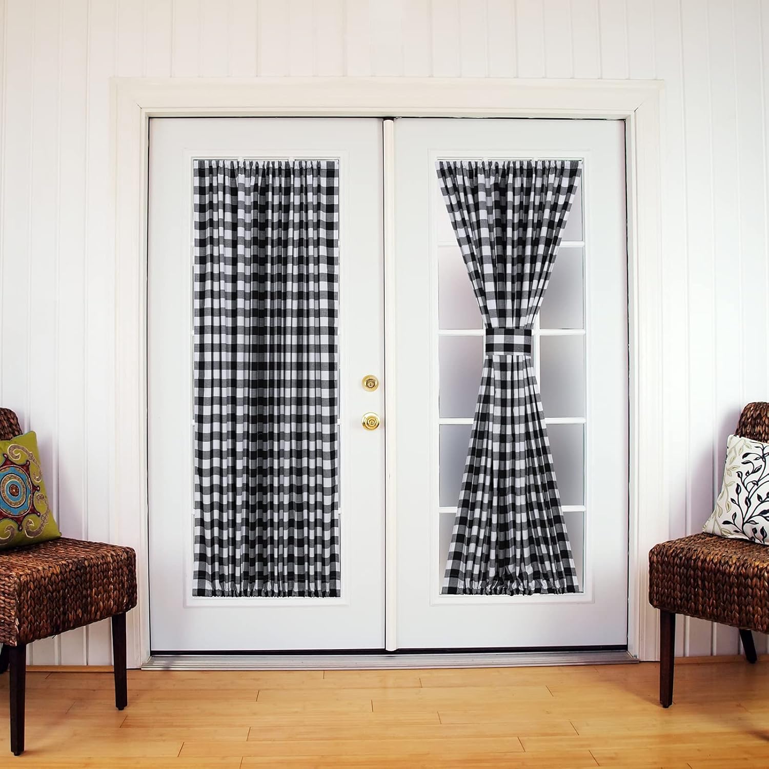 French Door Curtains Buffalo Check Window Curtains Rod Pocket Vintage Drapes for Glass Door Patio Front Door 40 inch Long 2 Panels with Tieback, Black/White