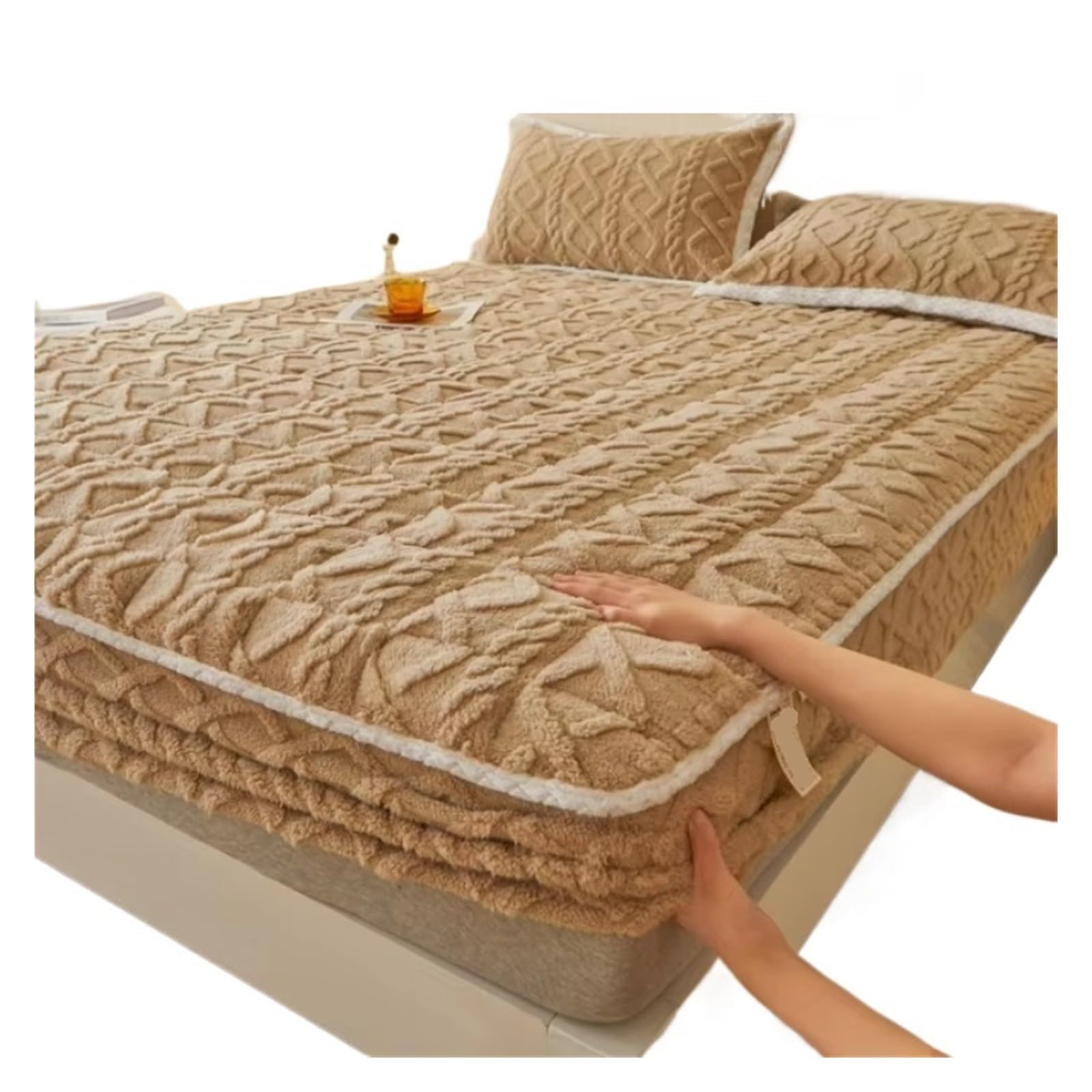 Sábana Bajera Cálida Colchón Acolchado de Lana de Leche, Colcha Gruesa de Lana, Funda Protectora de Lana de Coral de Invierno(Pink,180x200cm 1pc)