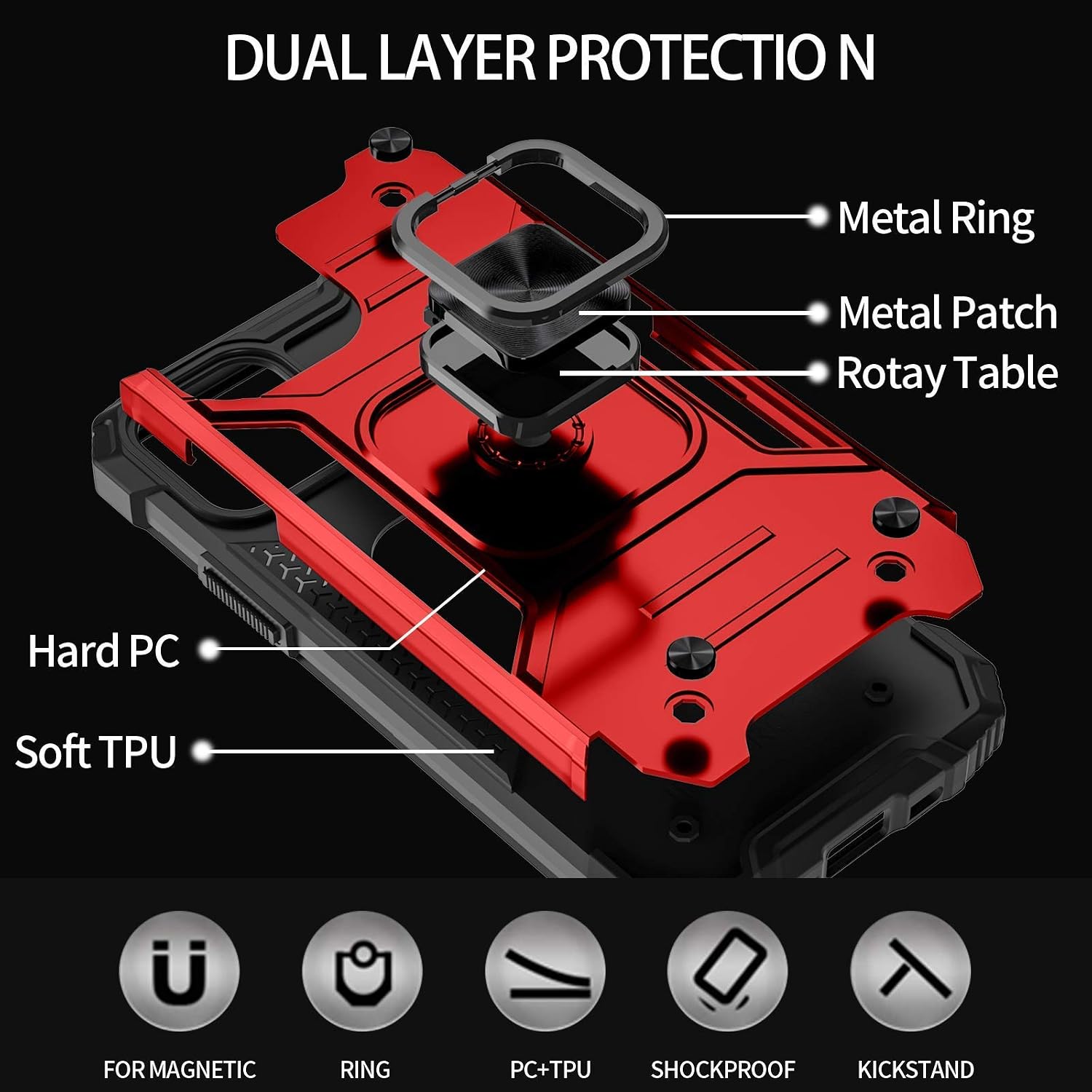 Charlam Compatible with iPhone 12 Case Compatible with iPhone 12 Pro Case 6.1" 2020 for Women Men, Sleek Durable Dual Layer Shock Absorption Case Cover with Metal Ring Kickstand, Red