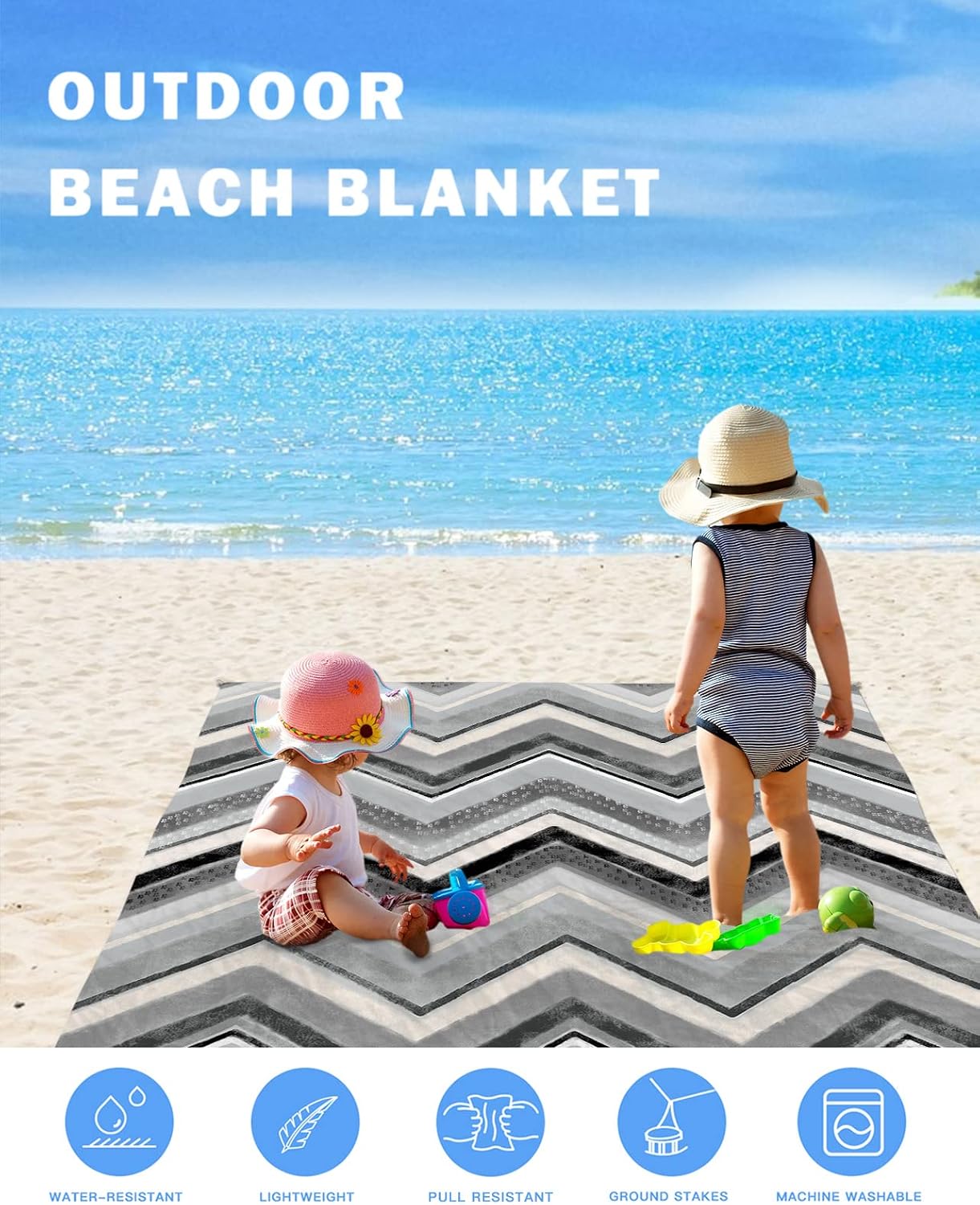Grey Black Ethnic Zig Zag Stripes Beach Blanket Waterproof Sandproof Outdoor Picnic Mat 95"x80" Minimalist Northern Europe Style Lightweight Large Beaach Blankets with 4 Stake & 4 Corner Pockets