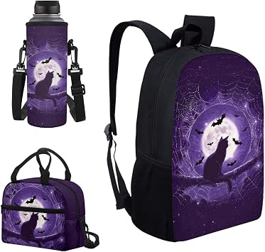 Black Cat Moon Printed Halloween Backpack for Boys School Bags Set with Insulated Lunch Bag Cooler Water Bottle Sleeve 3 in 1 for Teenage Student