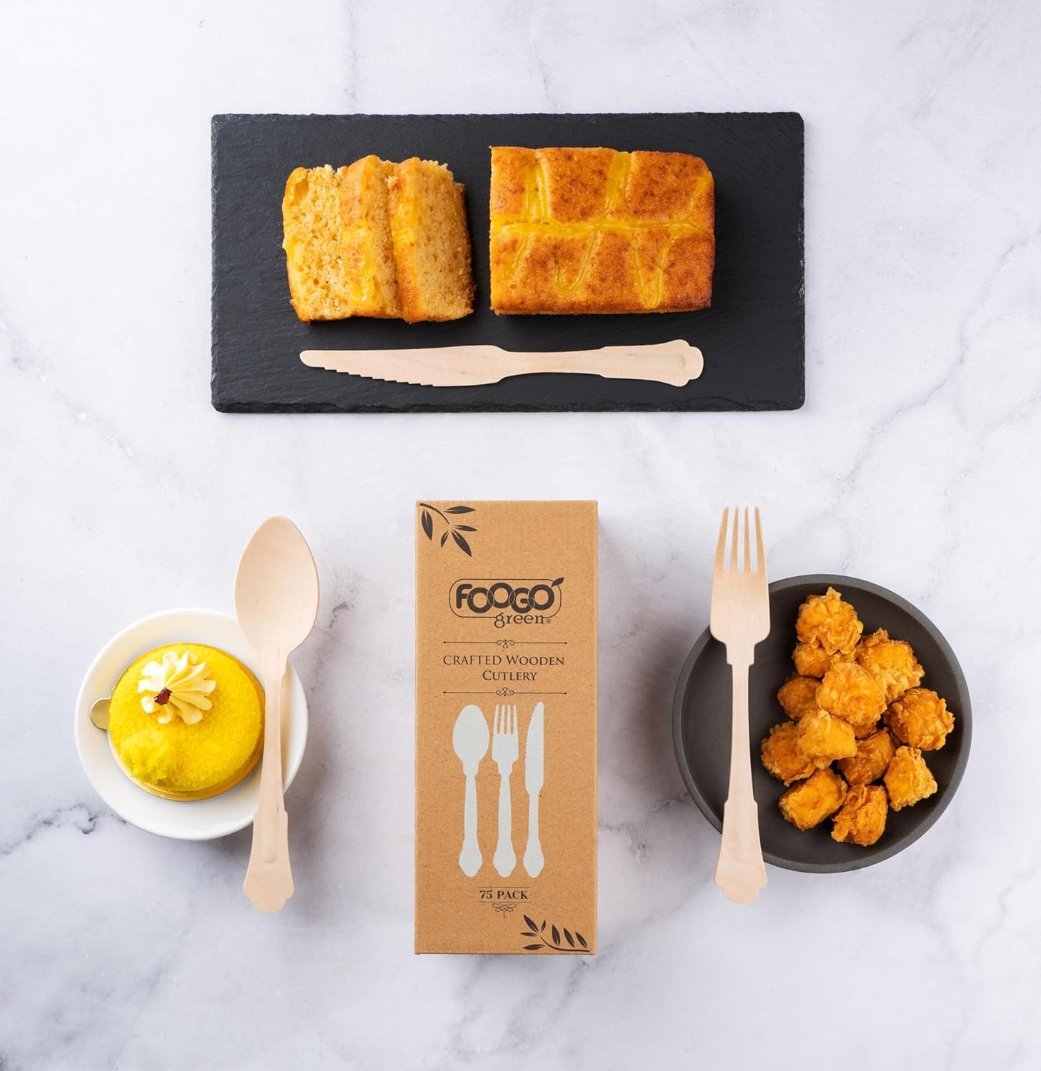 FOOGO Green Set di 600 Posate Monouso in Legno, Certificate FSC®, 25 Forchette, 25 Cucchiai, 25 Coltelli, 16 cm, Compostabili, Set di Posate, Picnic, Set di Posate in Bambù per Aperitivi, Stuzzichini