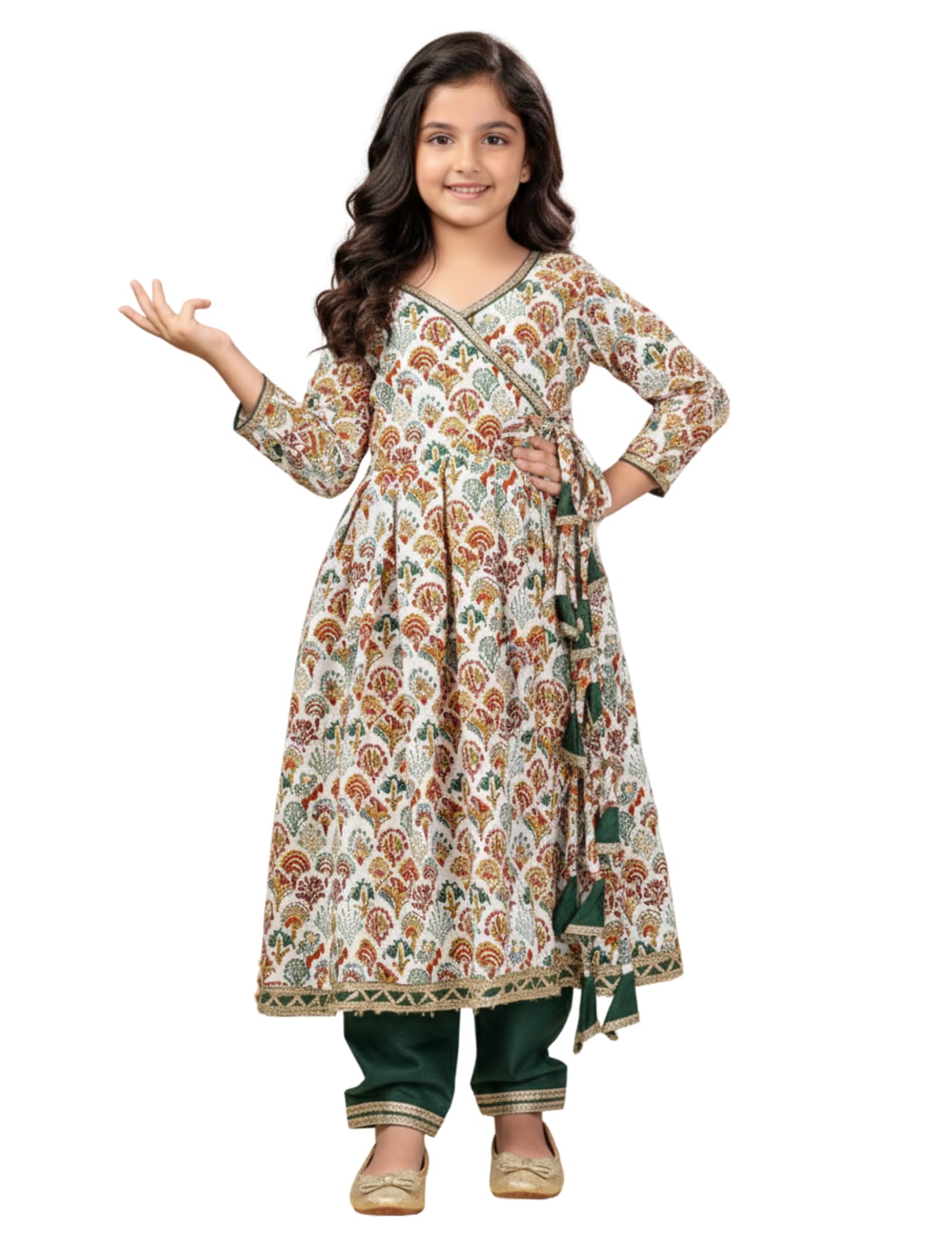 NaixaGirl's Rayon Blend Floral Pattern Anarkali Dress Payjama Dupatta Set with 3/4 Sleeve V- Neck and Drawstring Closure Type| Kurta Sharara Set for Girl's
