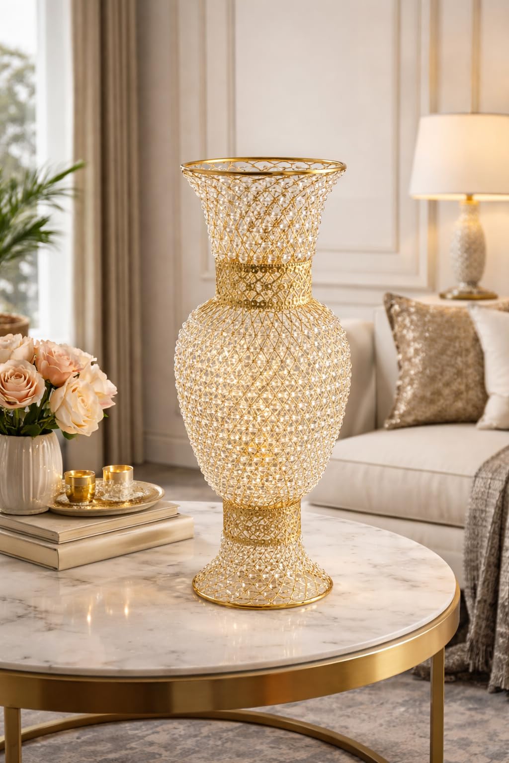Luxury Gold Crystal Metal Flower Vase – Decorative Table lamp LED Light, 6 Colourful Lights, Lamp Vase for Home, Living Room, Wedding & Table Décor-picture-22
