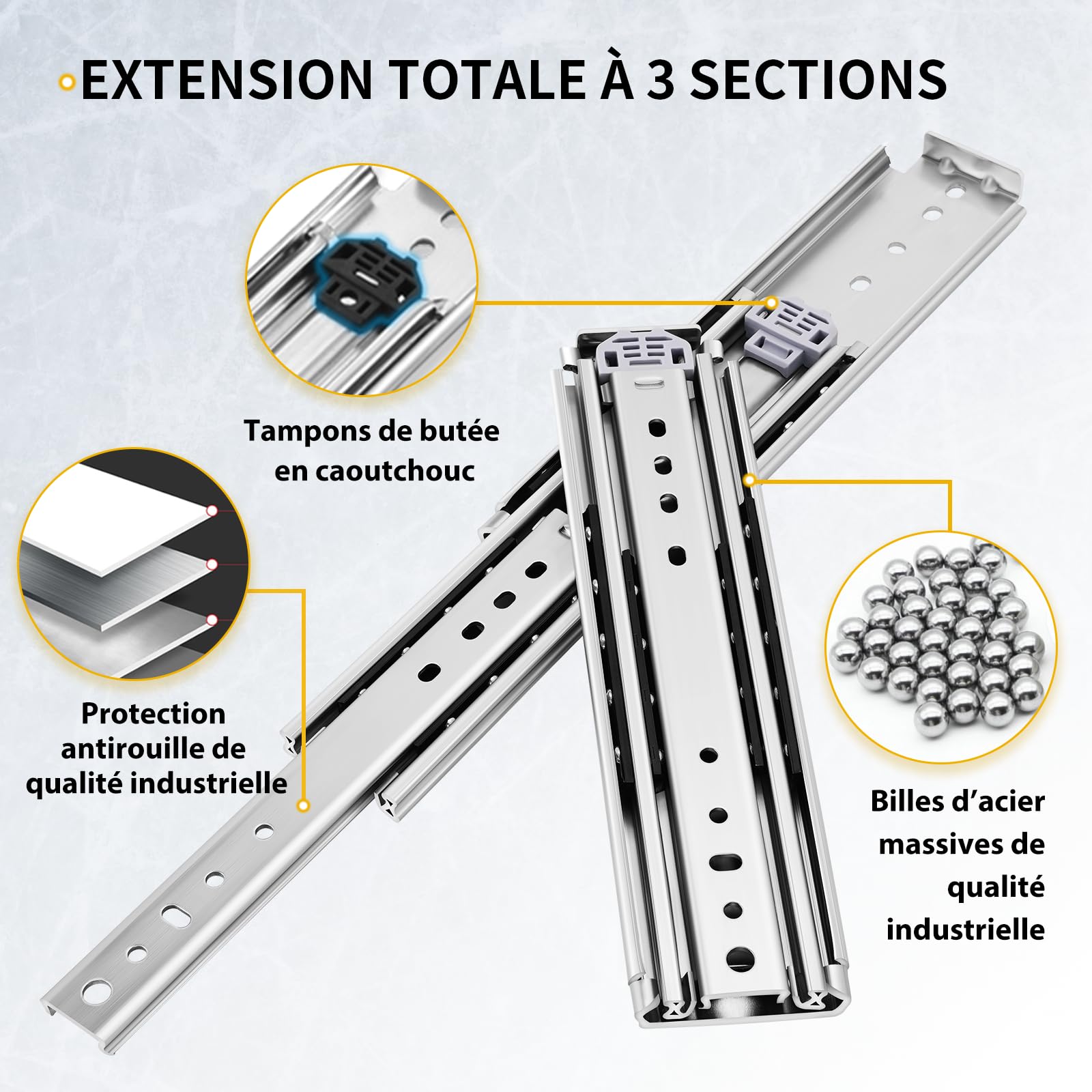 YENUO Glissières pour tiroirs robustes,coulisse coulissant capacité de charge 120 KG Extension 300 400 450 500 600 700 800 900 1000 mm 1 Paire (Charge 220kg-SansVerrou-Lrg 76mm, 24 inch(600mm))