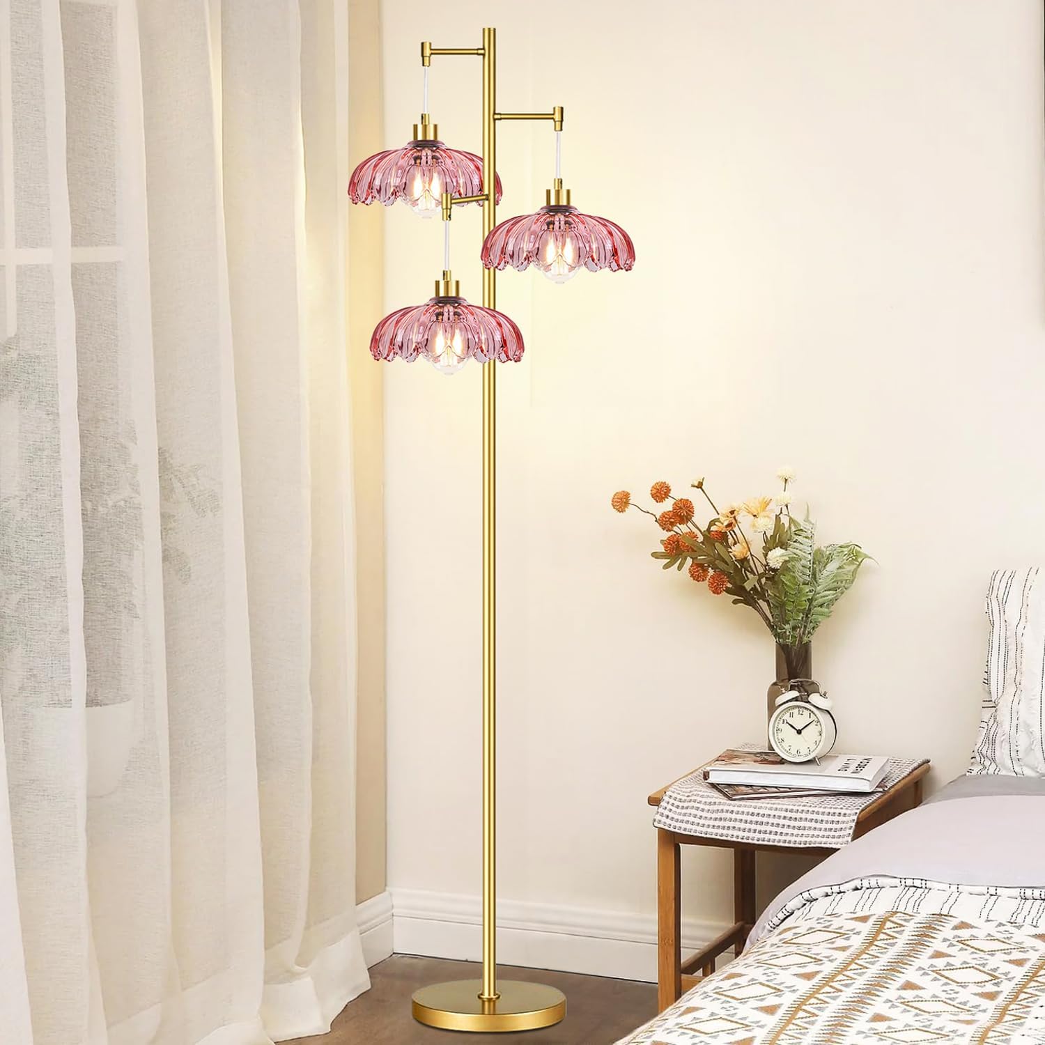 Pink Floor Lamp for Living Room,Bedroom,Gold Mid Century Modern Standing Lamp Brass Tree 3 Light Tall Floor Lamps Glass Floor Lights Flower Lamp Shade Girls Kids Boho Bohemian