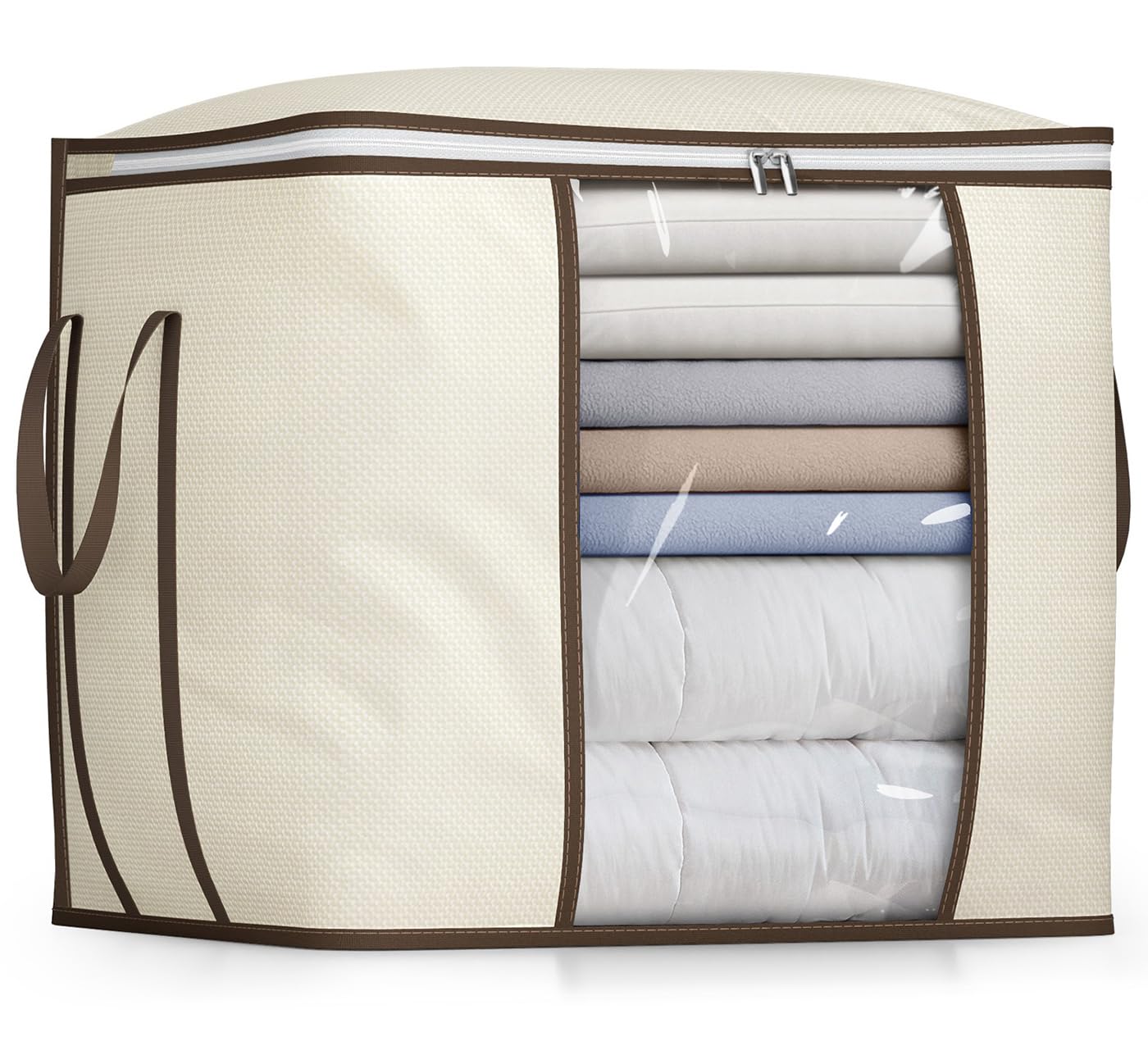 MISSLO 170L Large Duvet Storage Bag King Size, Sturdy Fabric Clothes Storage Bag with Zips and Handles, Foldable Bedding Storage for Blankets, Pillows, Linens, Quilts (Beige)