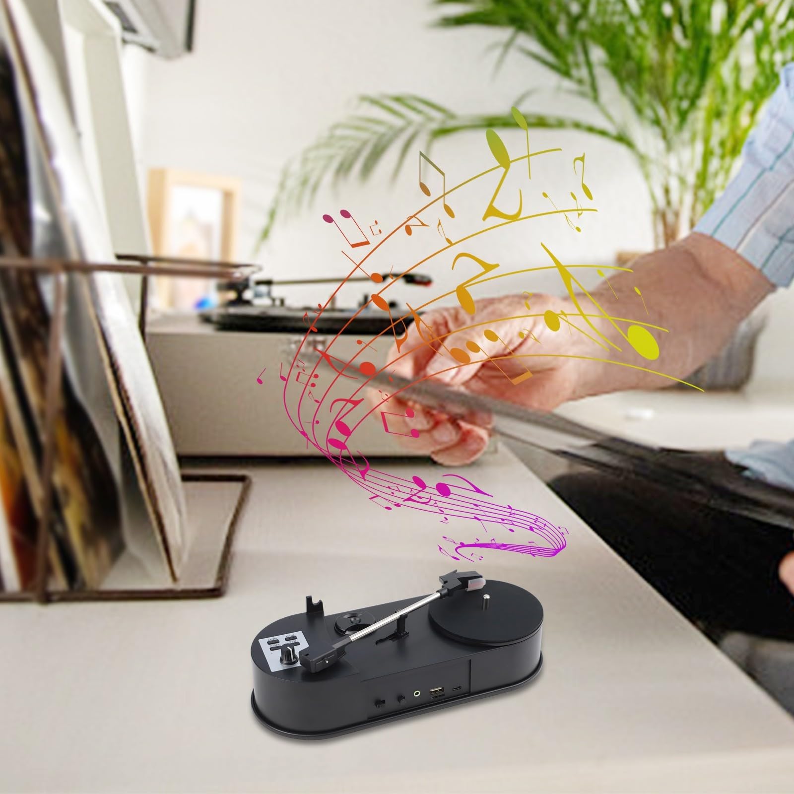 Tocadiscos convertidor de vinilo a MP3 con ranura para tarjeta SD 33/45 PRM LP reproductor de discos para uso doméstico. ABS compacto para mini tocadiscos con cable USBBlack34x17x12cm