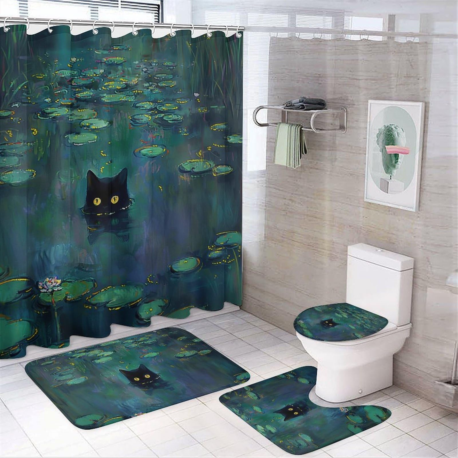 Askdfdf Vintage Black Cat Abstract 4 Pcs Bathroom Shower Curtain Set,Bathroom Sets with Rugs (Bath Mat,U Shape and Toilet Lid Cover Mat), Bathroom