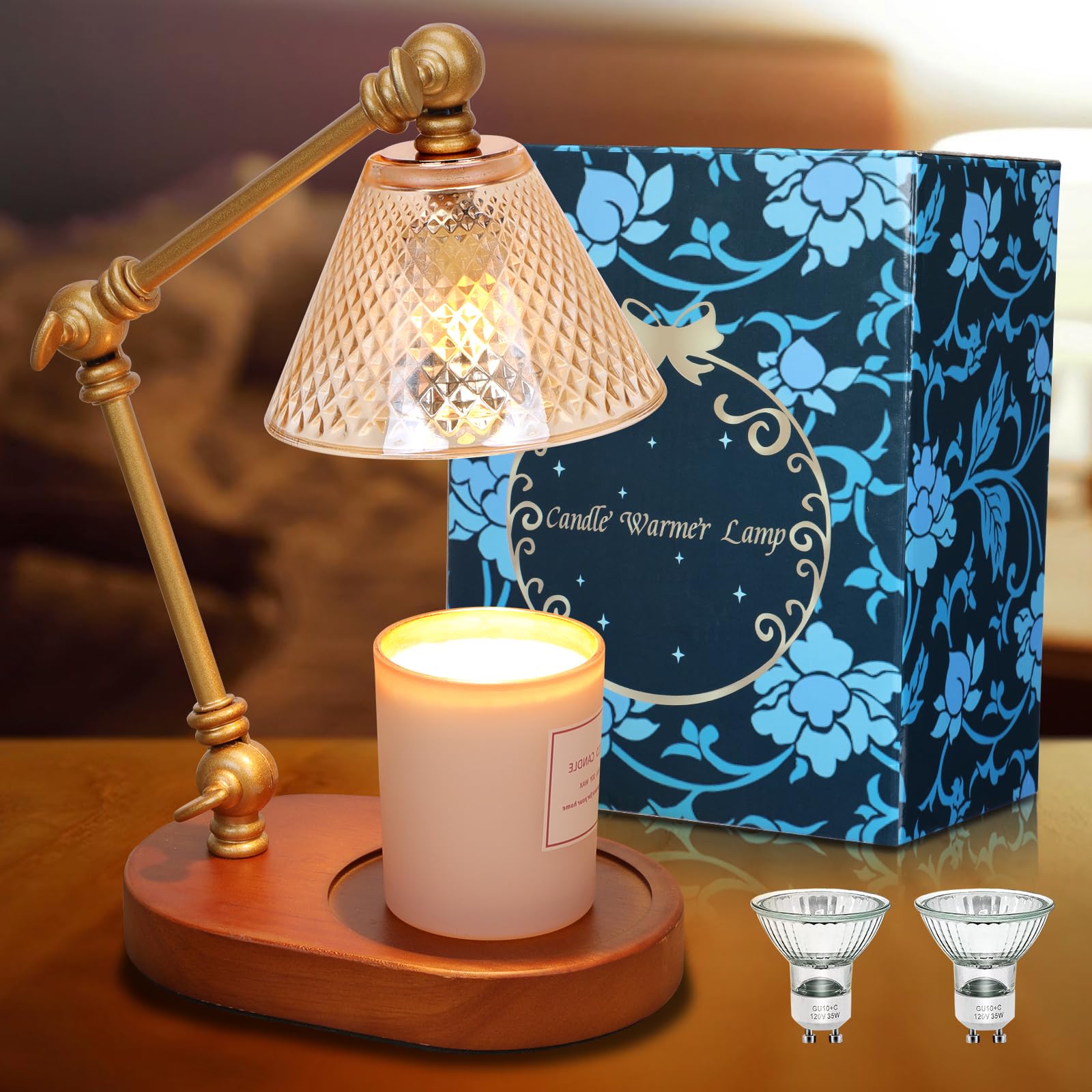 Lámpara Calienta Velas con Regulador de Luz y Temporizador de 2/4/8 Horas, Derretidor de Cera para Velas Eléctrico con 3 Interruptores de Ángulo Ajustable, Decoración del Hogar (2 Bombilla)