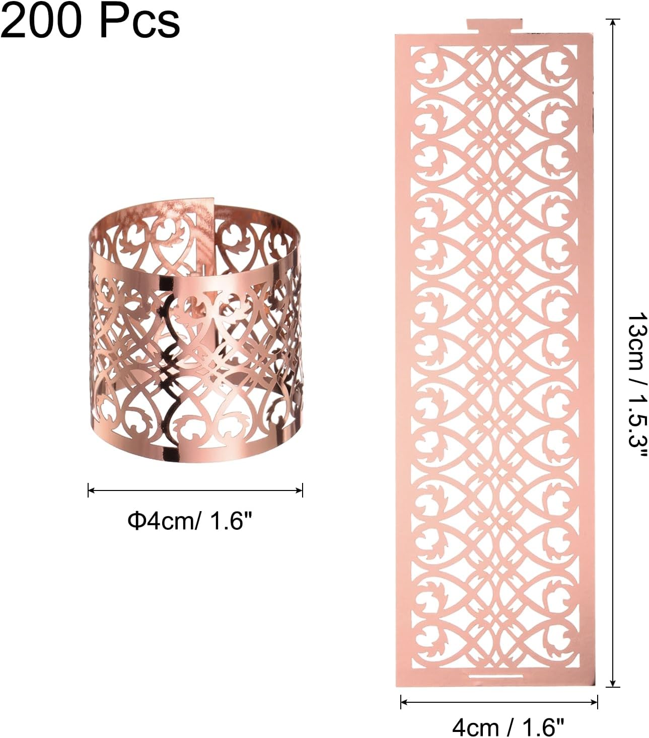 uxcell 200Pcs Napkin Rings Laser Cut Foil Paper, Napkin Holder Hollow Napkin Bands for Weddings Party Serviette Table Decoration Restaurant (Reflective Rose Gold, 5.3 x 1.6)