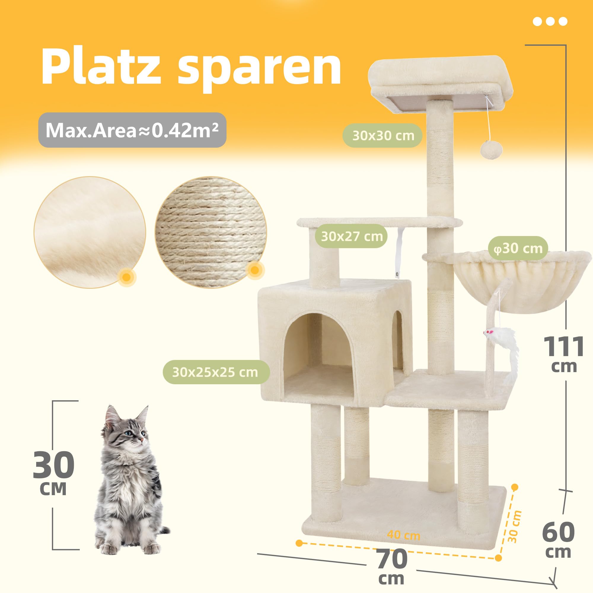 Hey-brother Tiragraffi per Gatti, con Cuccia, Topolino finto, MPJ004SM | 110cm Albero per Gatti Multilivello, Cesta, Piattaforme in Peluche, Pompon, Ideale per gattini da interno, Beige