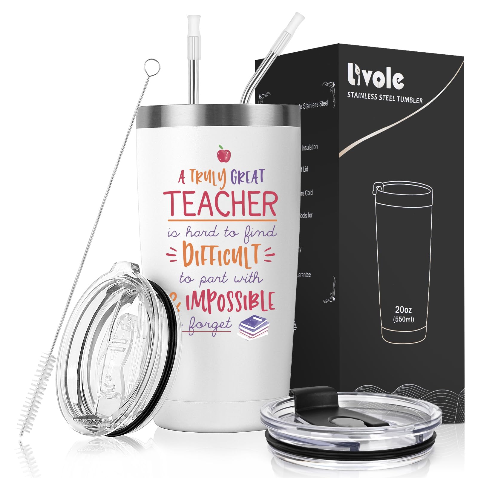Livole Meaningful Teachers Gifts, A Truly Great Teacher Is Hard to Find, Difficult to Part with and Impossible to Forget, Women Teacher Thank You Gifts, Mugs for Teachers, 20oz 600ml Travel Coffee Mug
